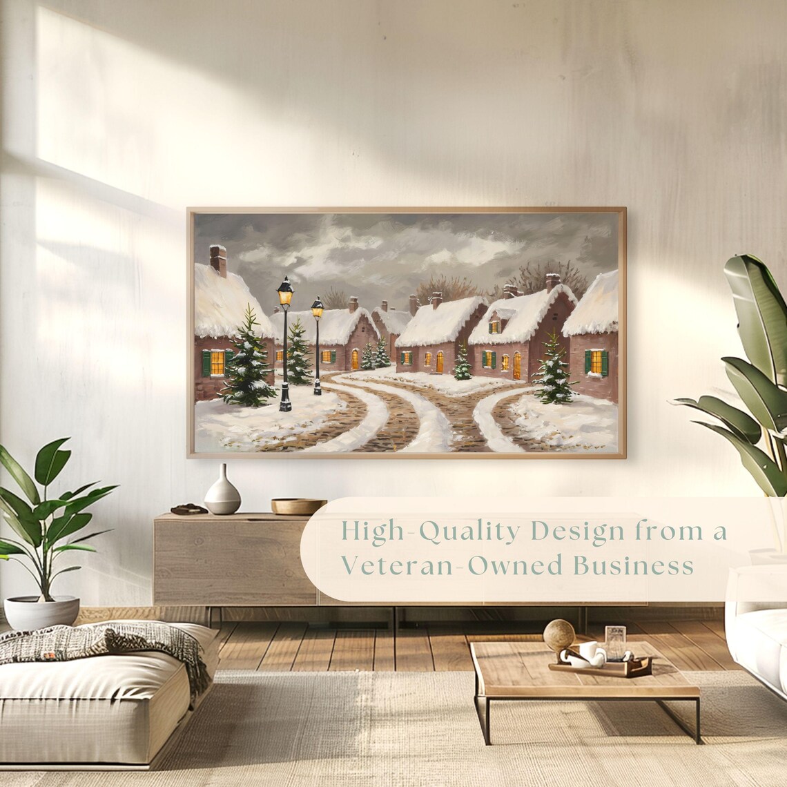 Snowy Village Winter Scene with Glowing Lamps Vintage Landscape Poster - Image 4