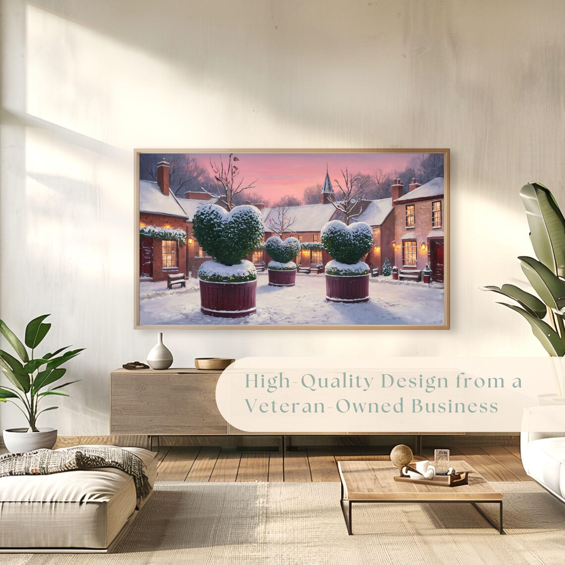 Snowy Village Heart Topiaries Pink Dusk Winter Painting Poster - Image 4