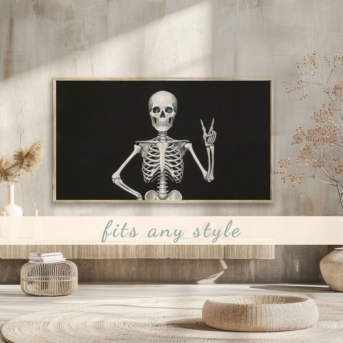 Skeleton Flashing Peace Sign On Black Background Gothic Halloween Poster - Image 3