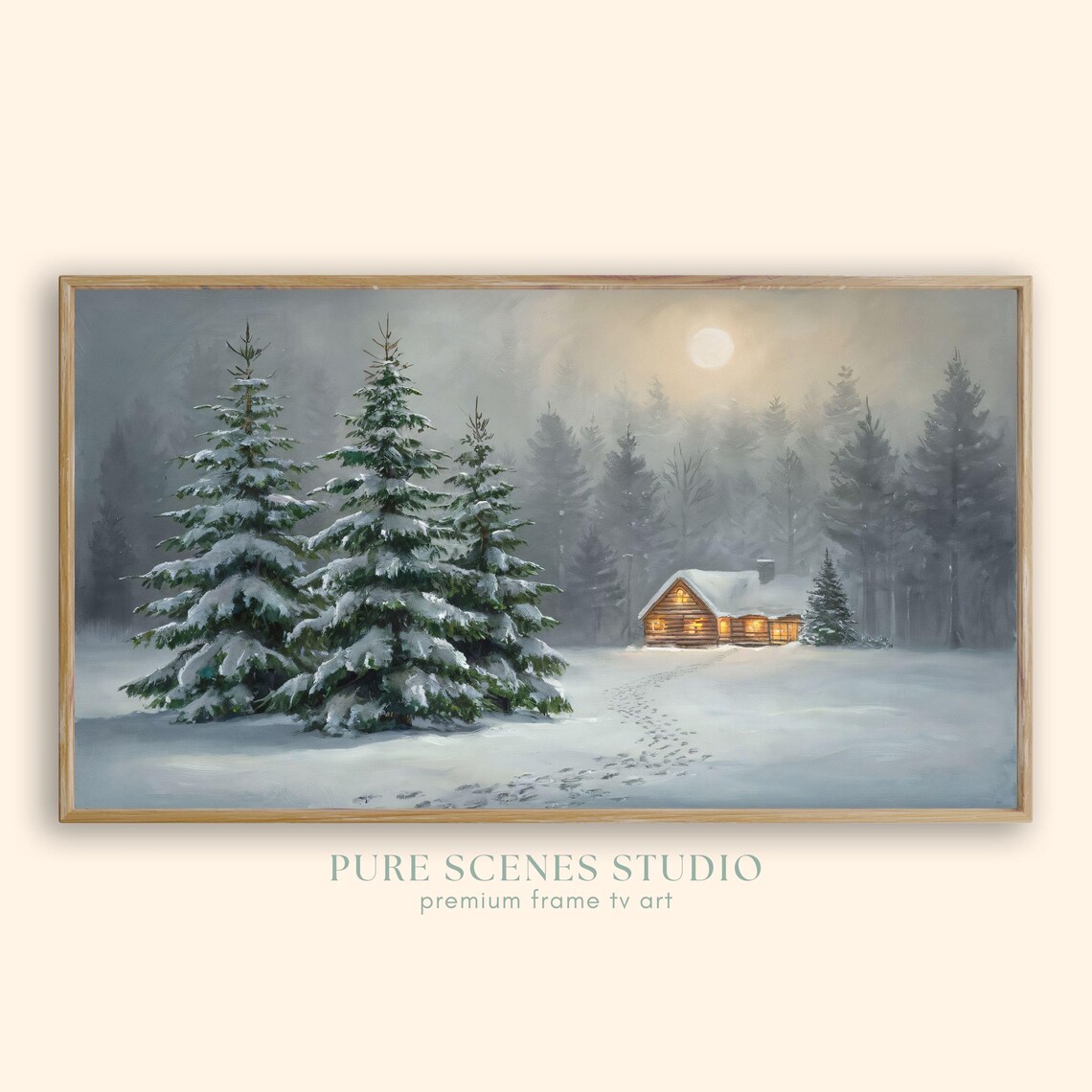 Glowing Log Cabin Snowy Forest Moonlit Night Vintage Winter Poster