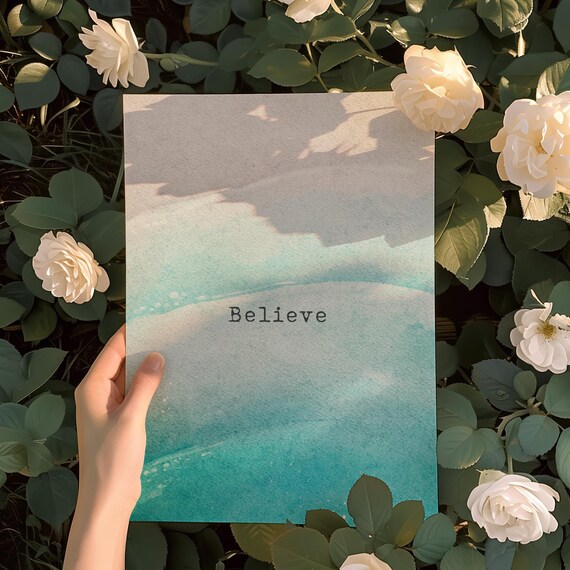 Believe Minimalist Teal Watercolor Typography Inspirational Quote Poster