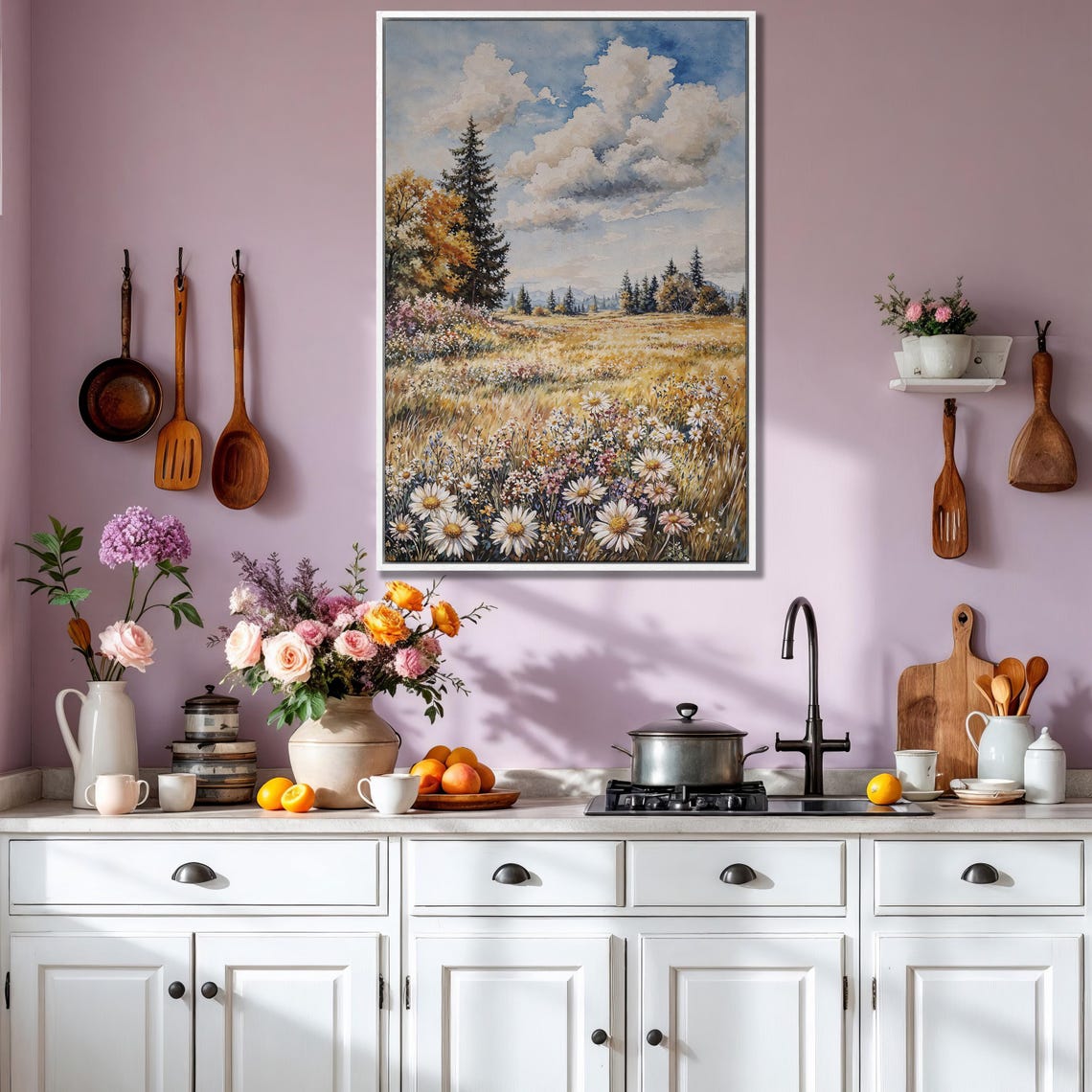 Golden Daisy Meadow With Pine Trees and Mountain View Poster - Image 3