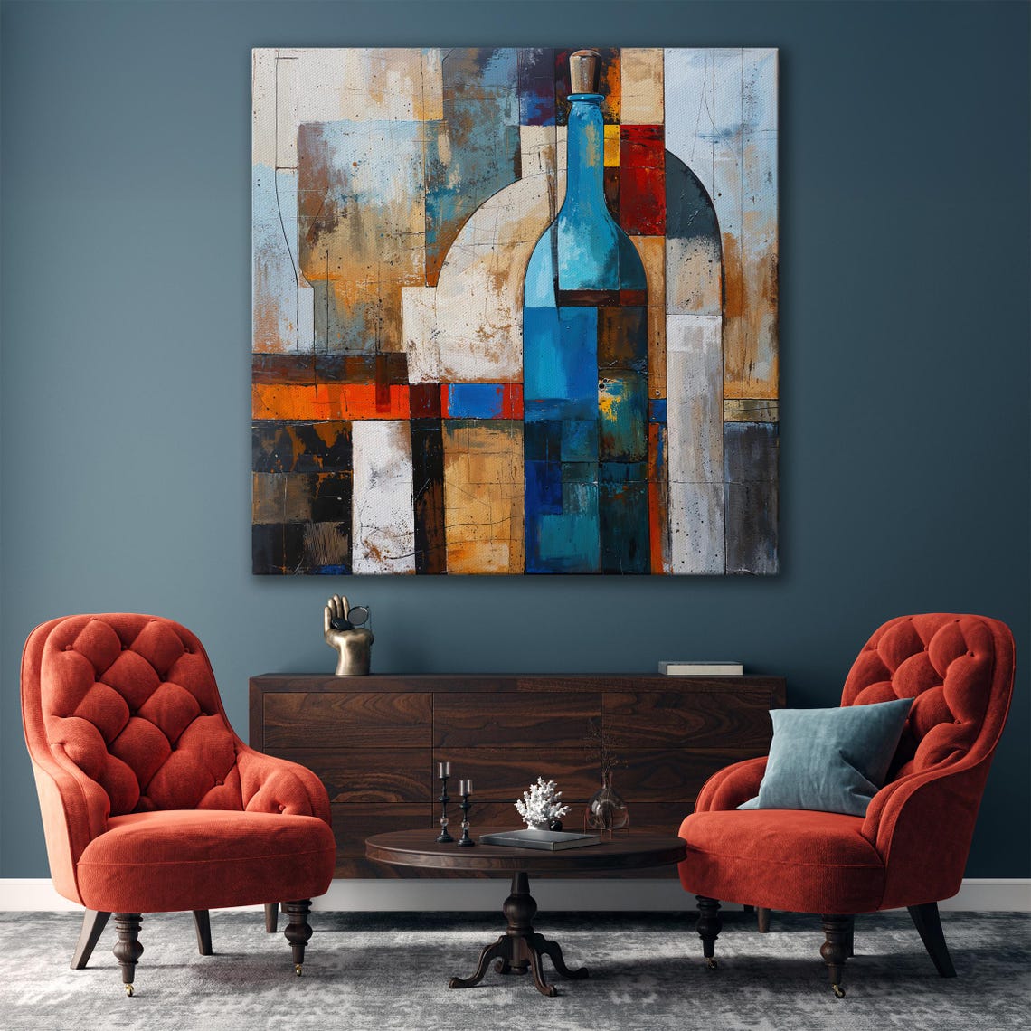 Abstract Blue Bottle Cubist Geometric Wine Painting Art Poster - Image 5