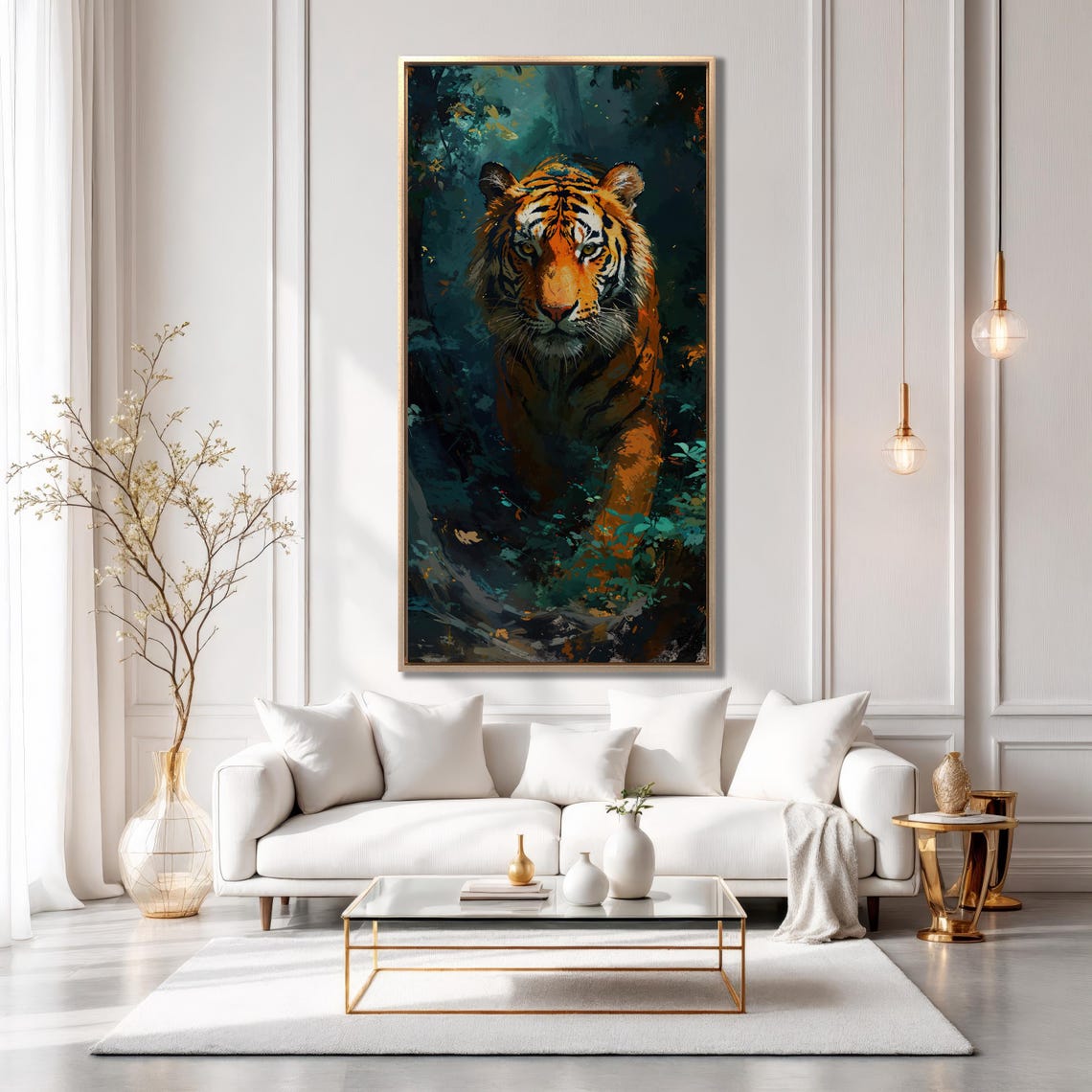 Orange Tiger In Dark Jungle Painted Wildlife Portrait Wall Art - Image 5