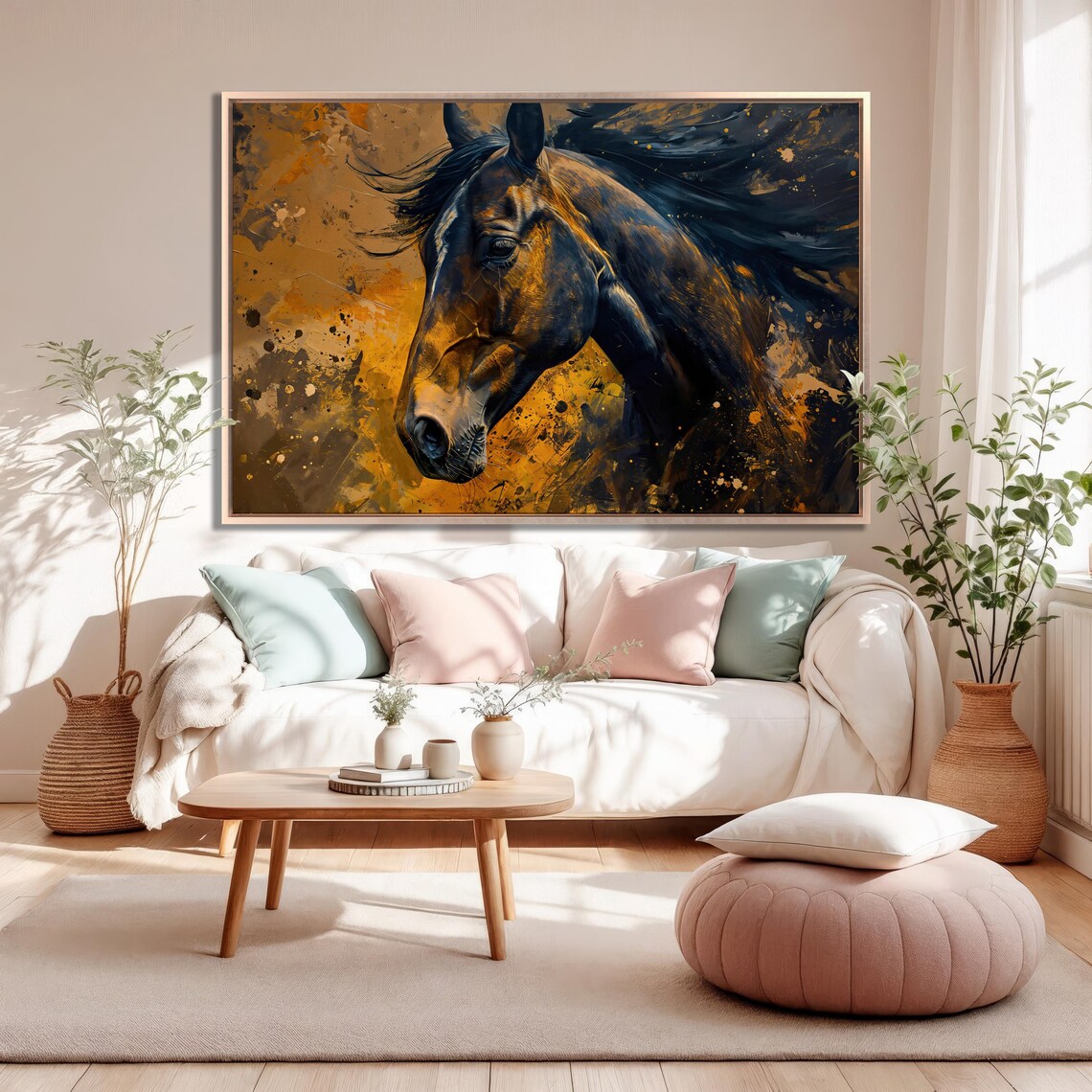 Dark Brown Horse Portrait Amber Paint Splash Rustic Wall Art - Image 3