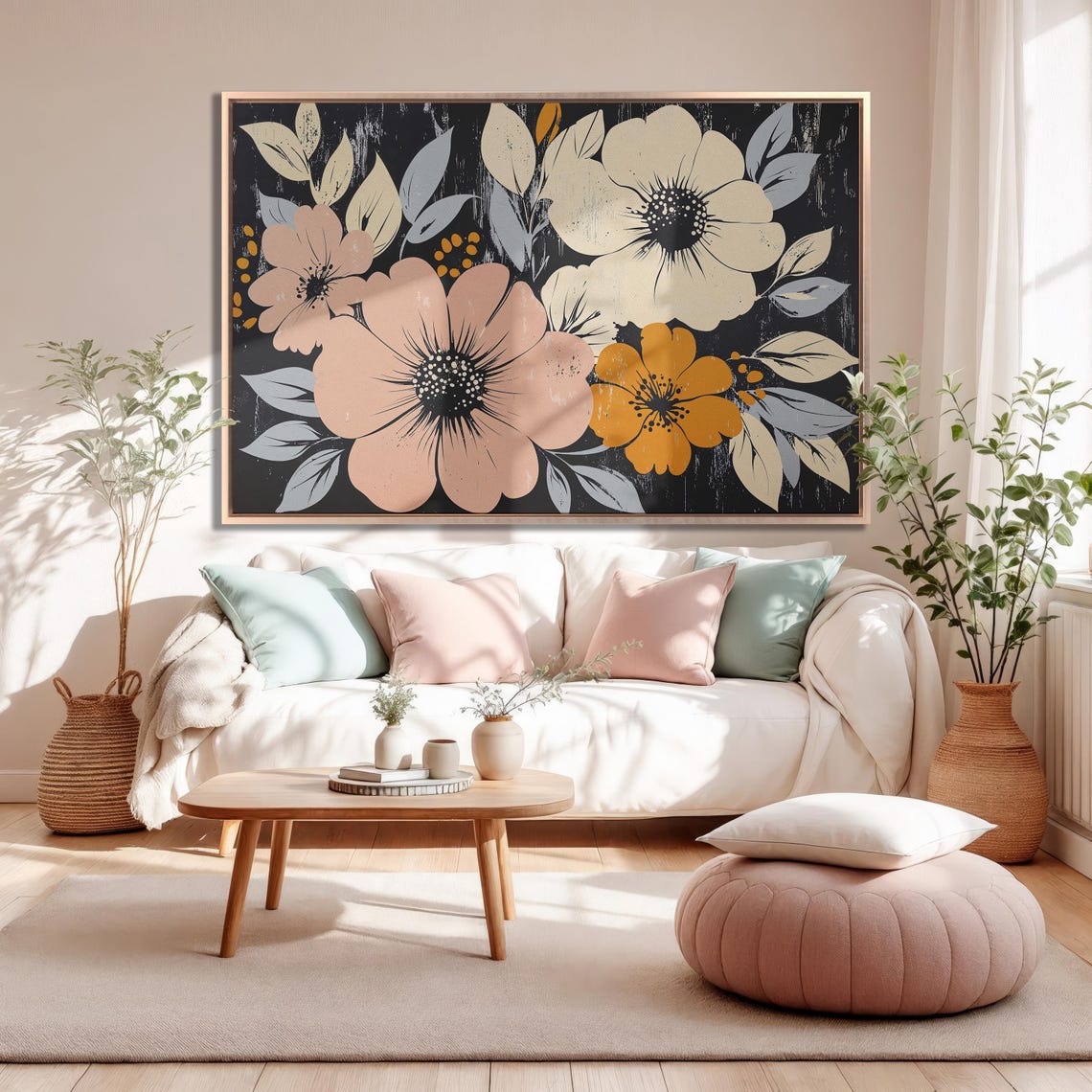 Bold Coral And Cream Blooms On Distressed Black Floral Poster - Image 5