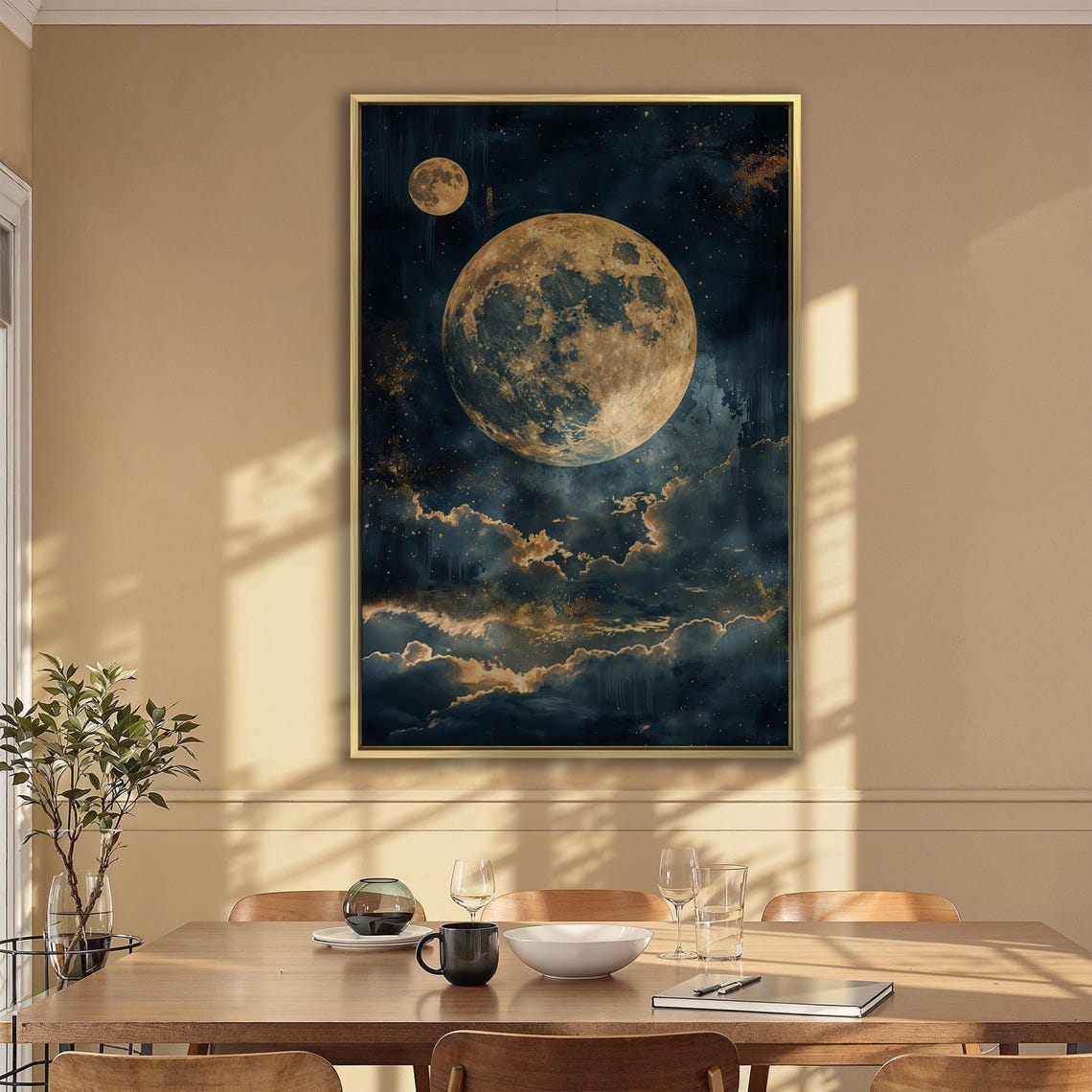 Golden Moonlight Dreamscape Wall Art Starry Night Prints Clouds Painting Print Mystical Poster Lunar Surface Decor Ready To Hang - Image 6
