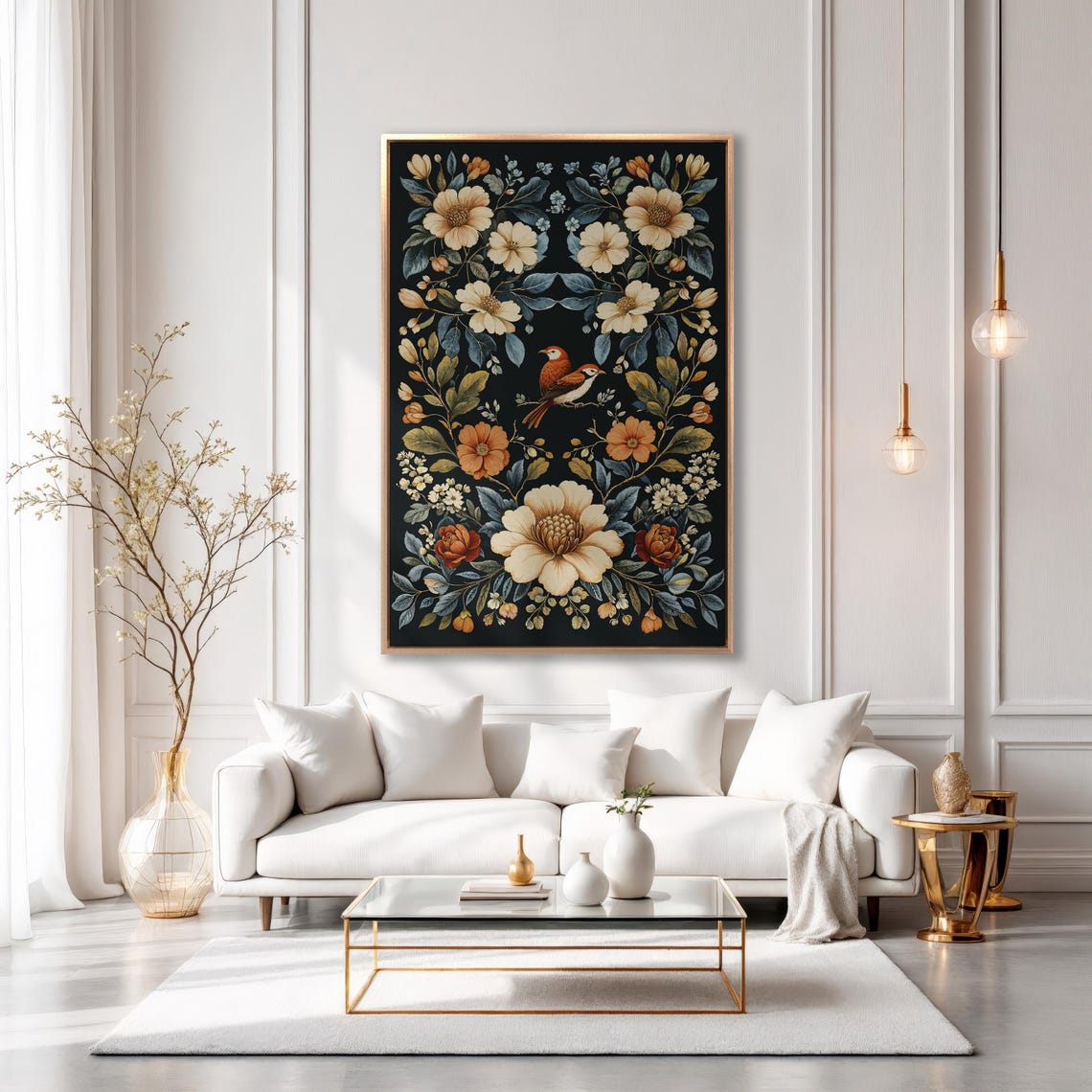 Symmetrical Floral Wreath with Bird on Black Vintage Botanical Poster - Image 6