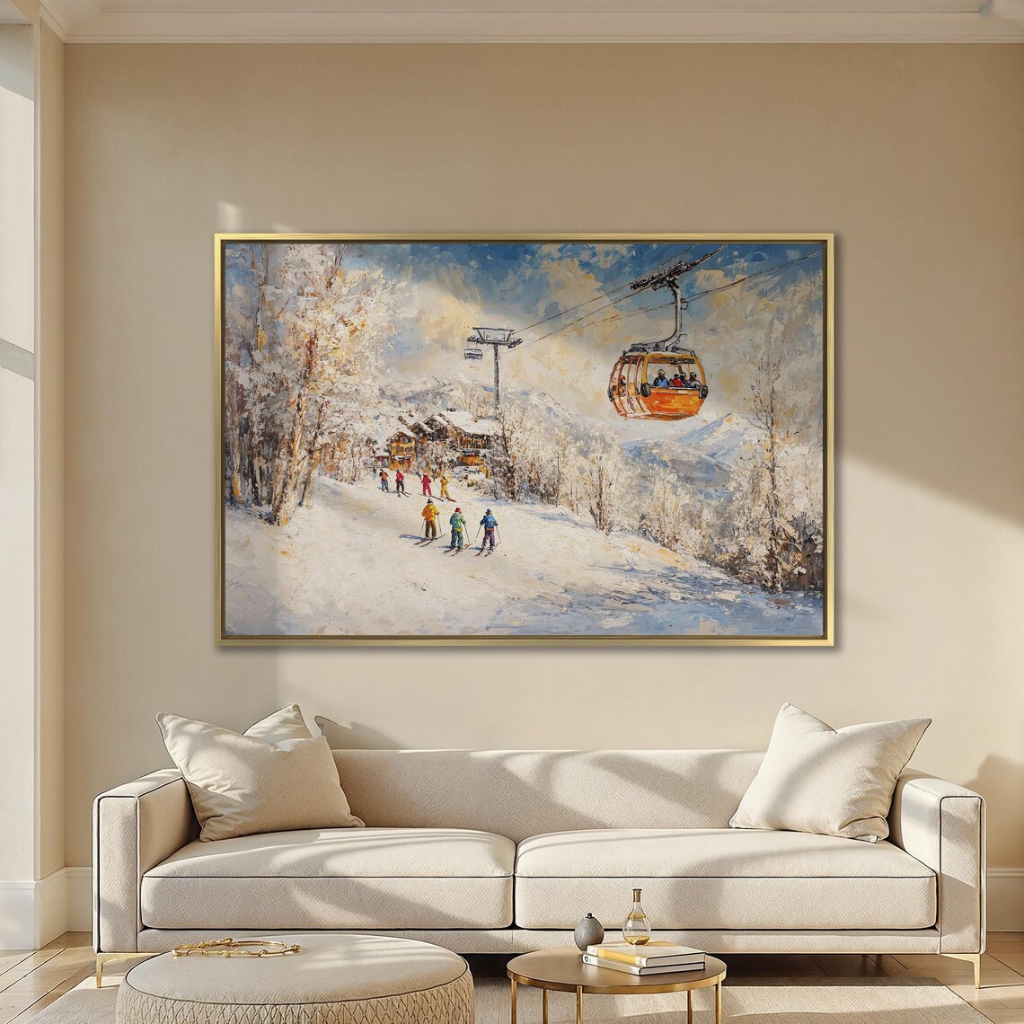 Orange Gondola Above Skiers Near Alpine Village Golden Light Poster - Image 2