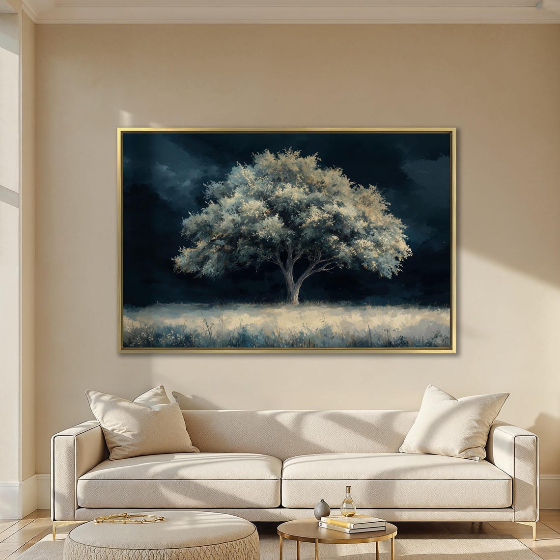Lone Pale Tree Under Dark Stormy Night Sky Moody Landscape Art Poster - Image 3