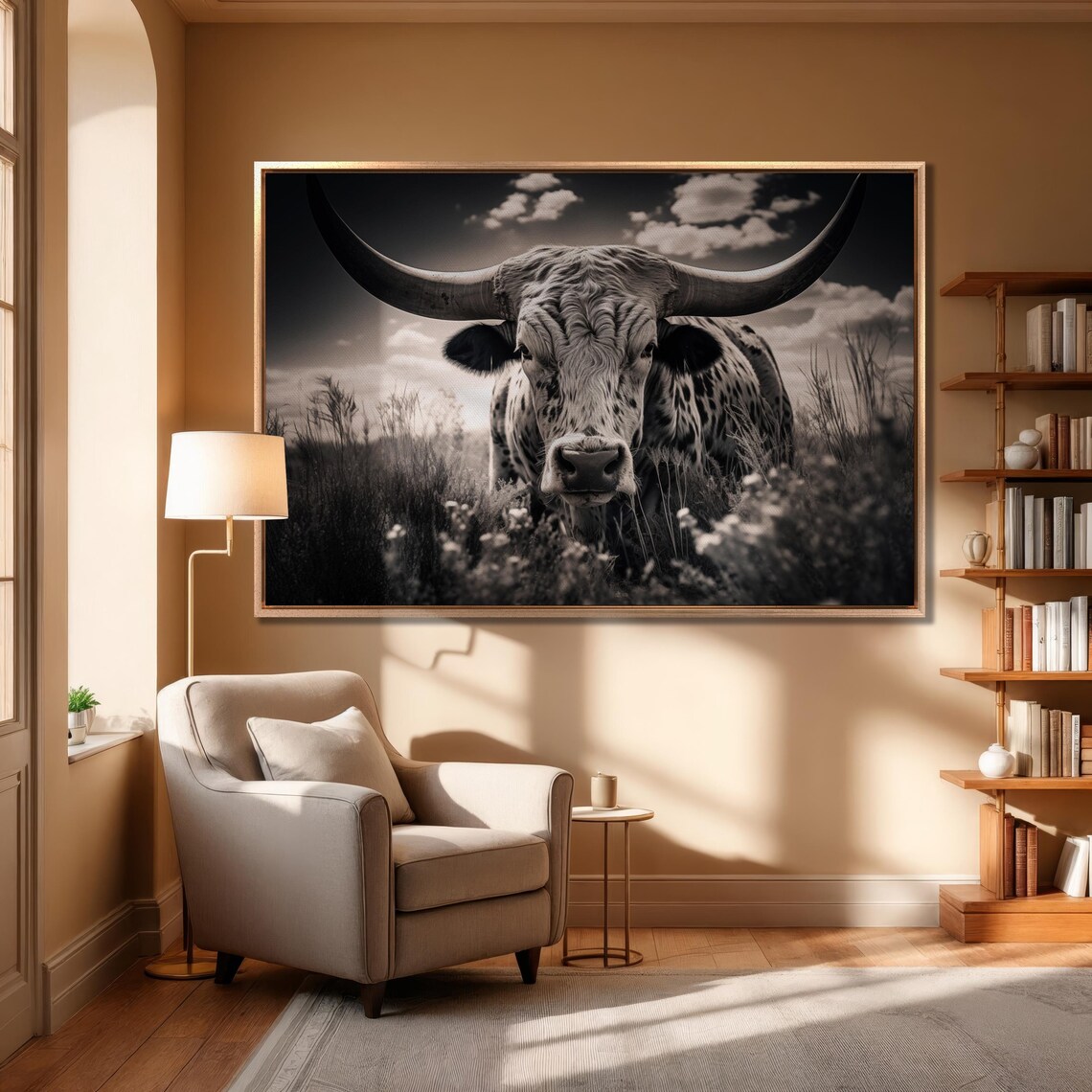 Black And White Texas Longhorn On Prairie Wildlife Photo Poster - Image 3