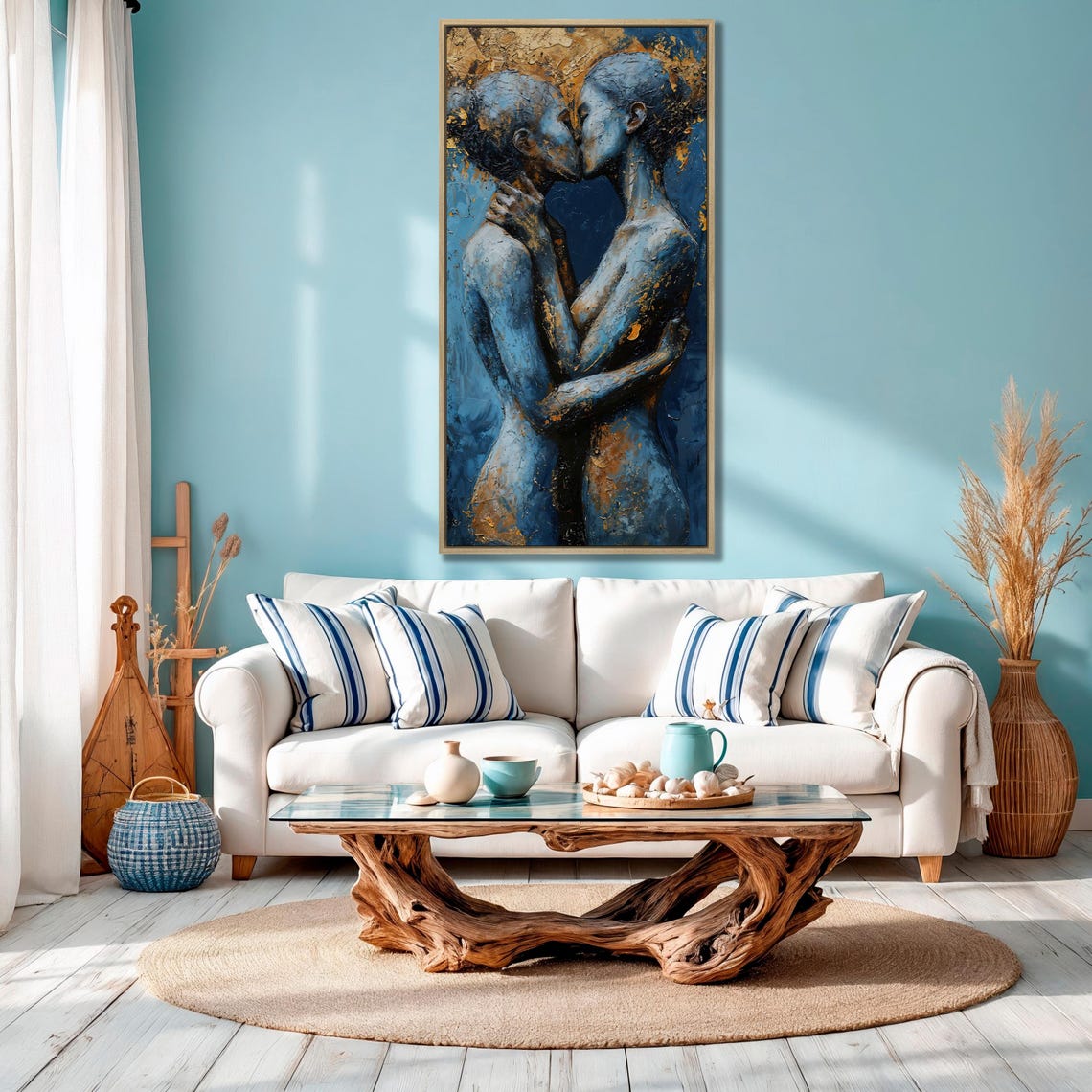 Embracing Couple Blue And Gold Textured Abstract Love Wall Art - Image 3