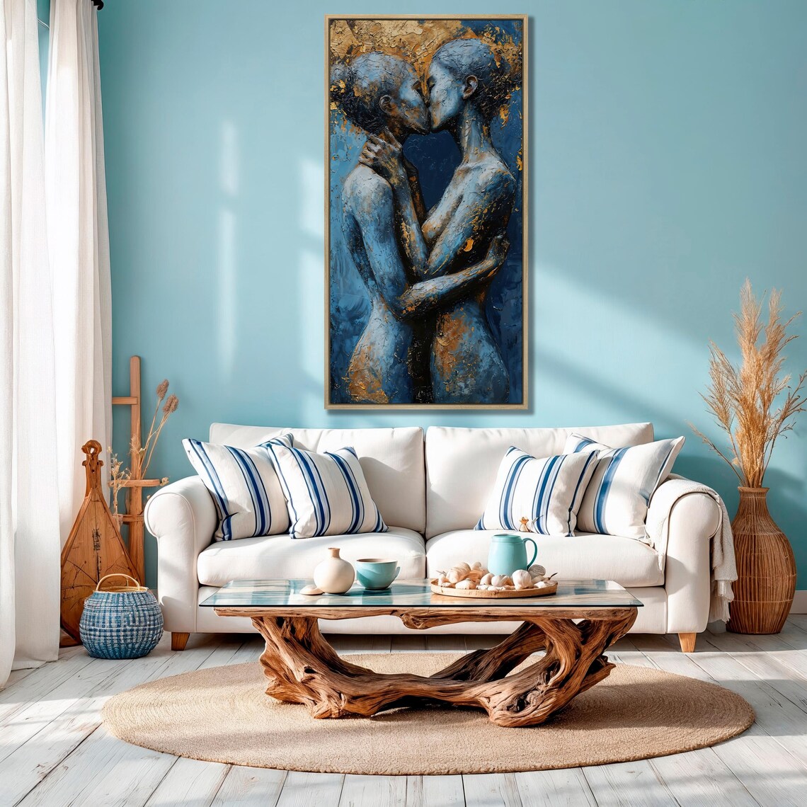 Hug Couple Girls Wall Art Kissing Lesbian Wall Art Decor Textured Blue Golden Painting Print Ladies In Love Wall Art Beautiful Decor - Image 3