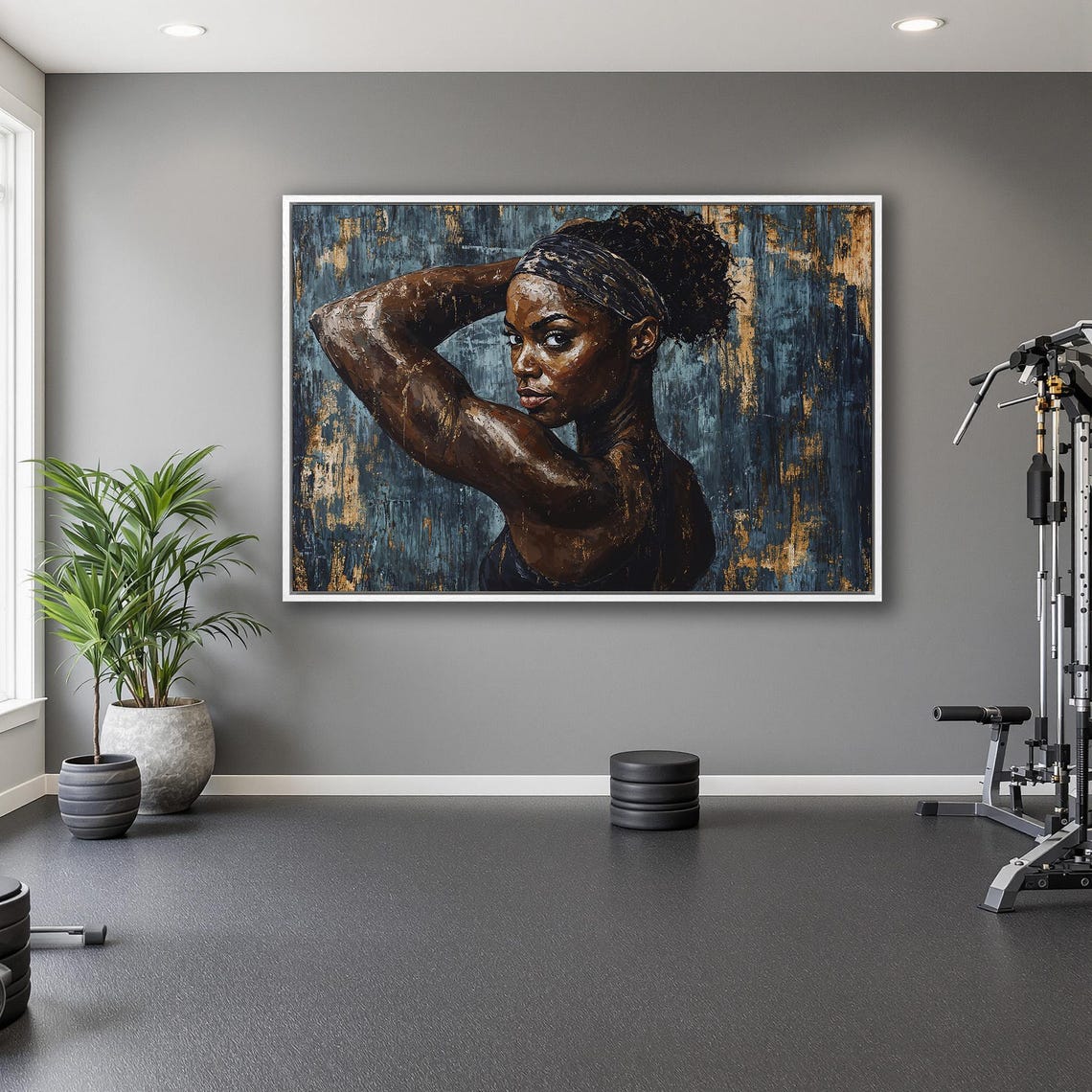 Black Athletic Woman Posing With Arm Raised On Deep Blue Poster - Image 5