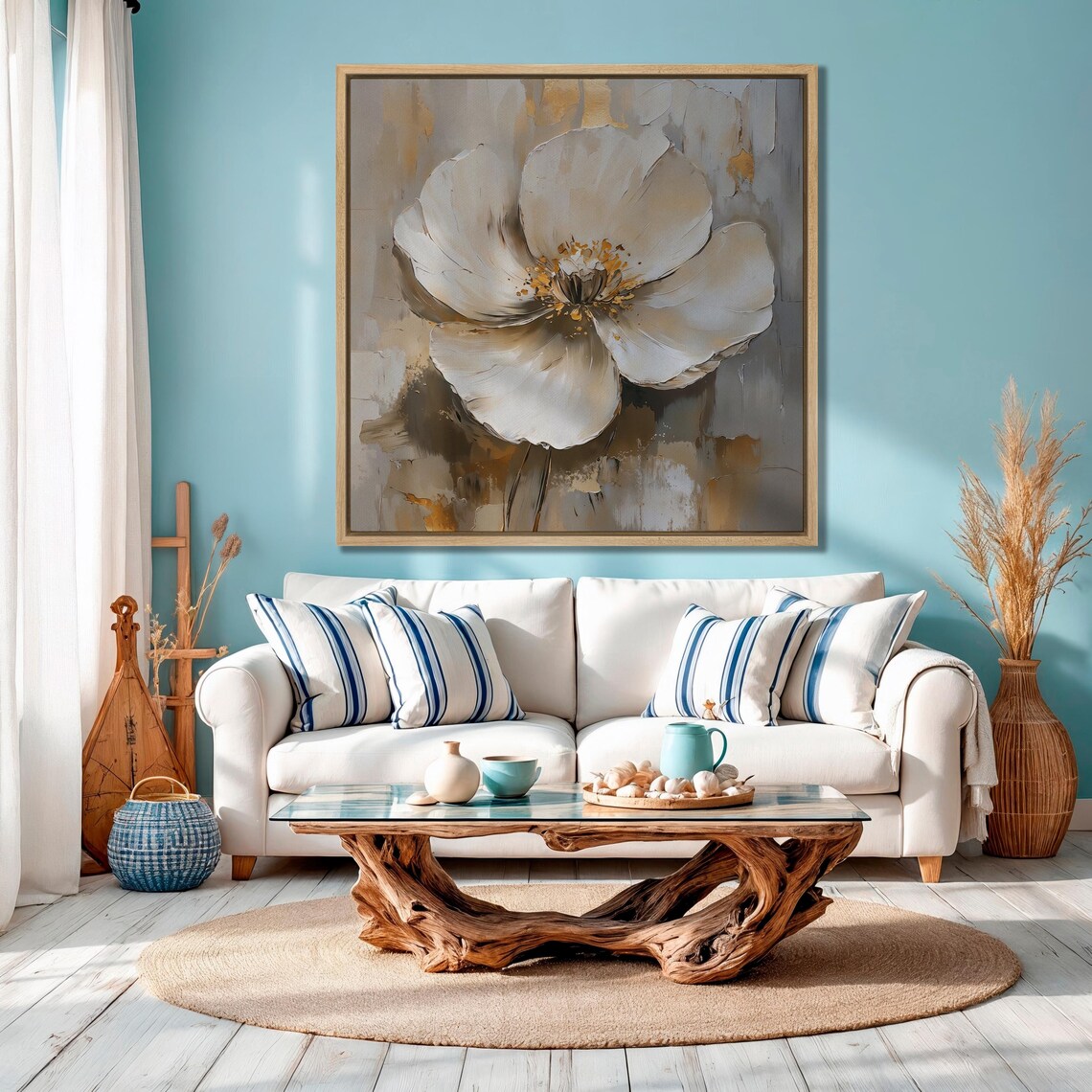 White Magnolia Flower With Gold Accents On Gray Impasto Art Poster - Image 3