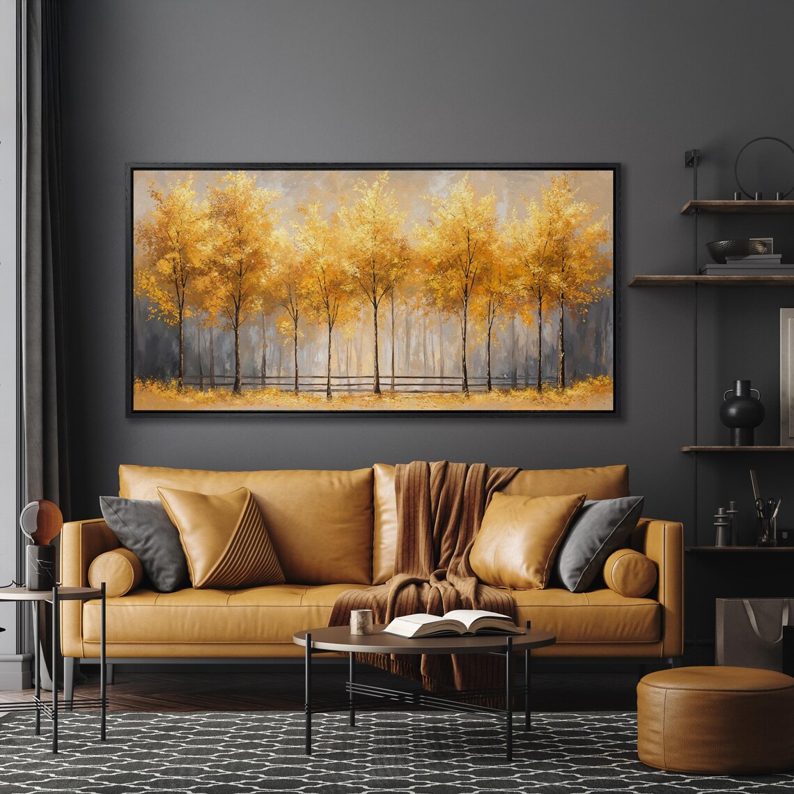 Golden Autumn Trees Row in Misty Gray Forest Elegant Art Poster - Image 2
