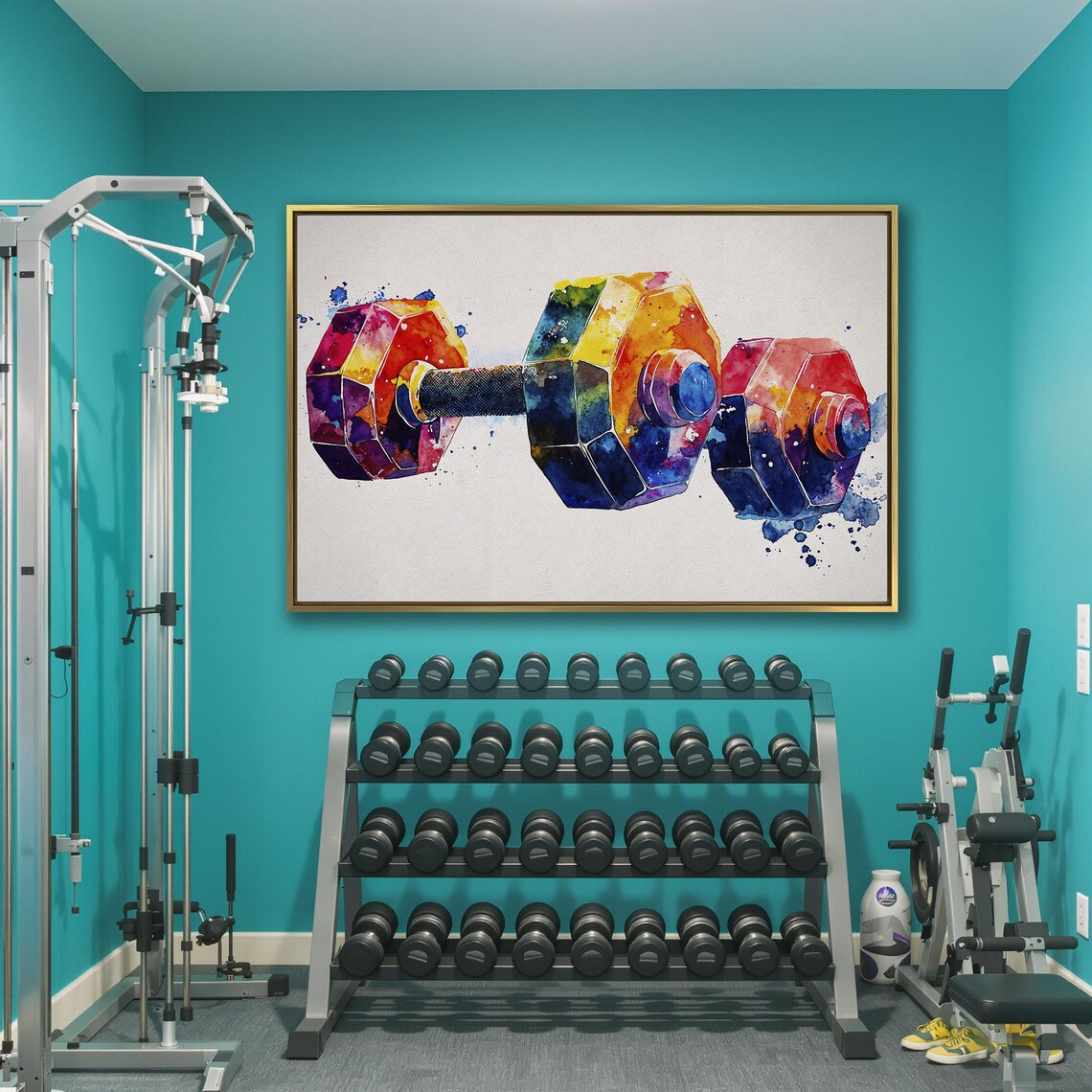 Rainbow Watercolor Dumbbell Pair Vibrant Fitness Art Sports Poster - Image 3