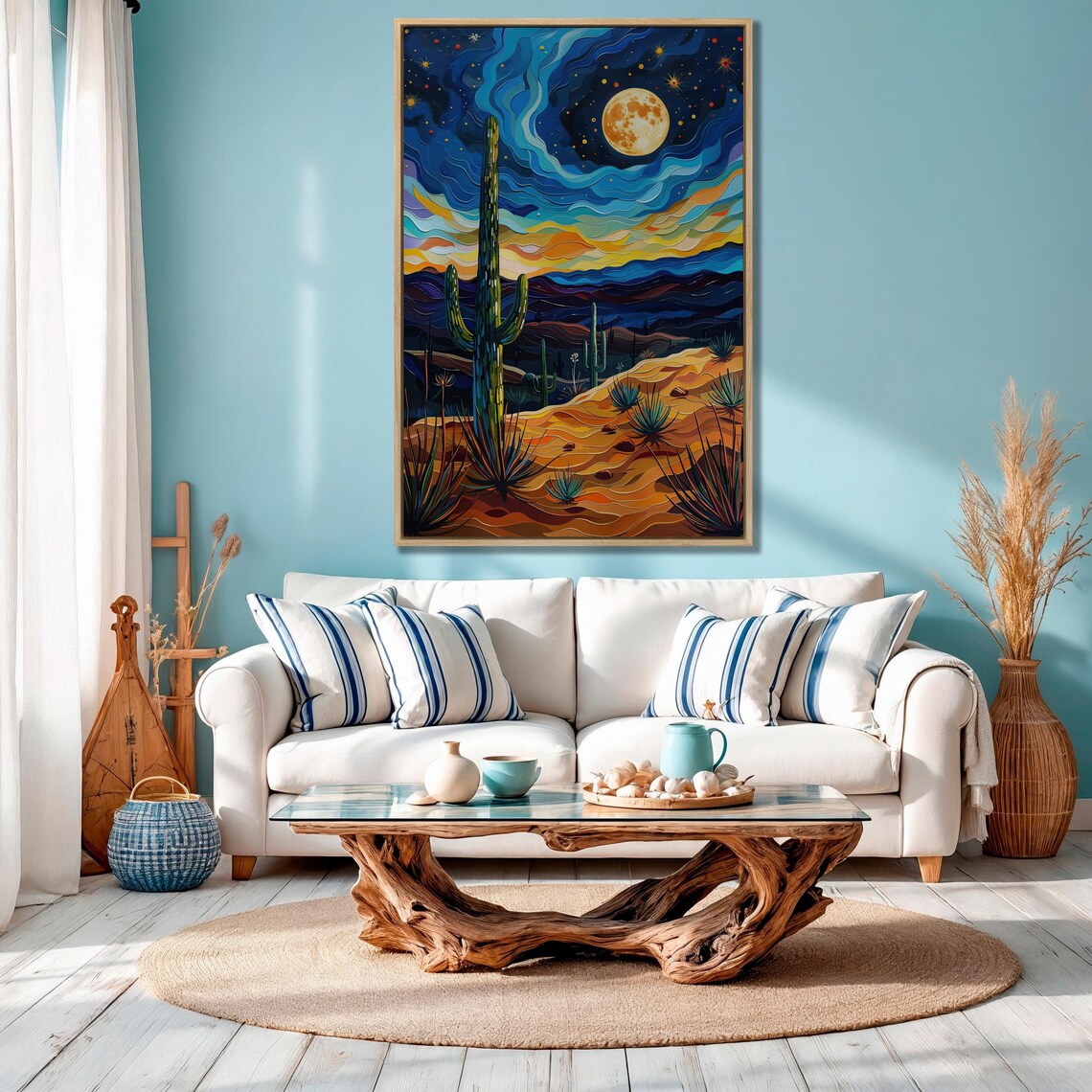 Starry Desert Night Swirling Sky Cactus Full Moon Painting Poster - Image 2