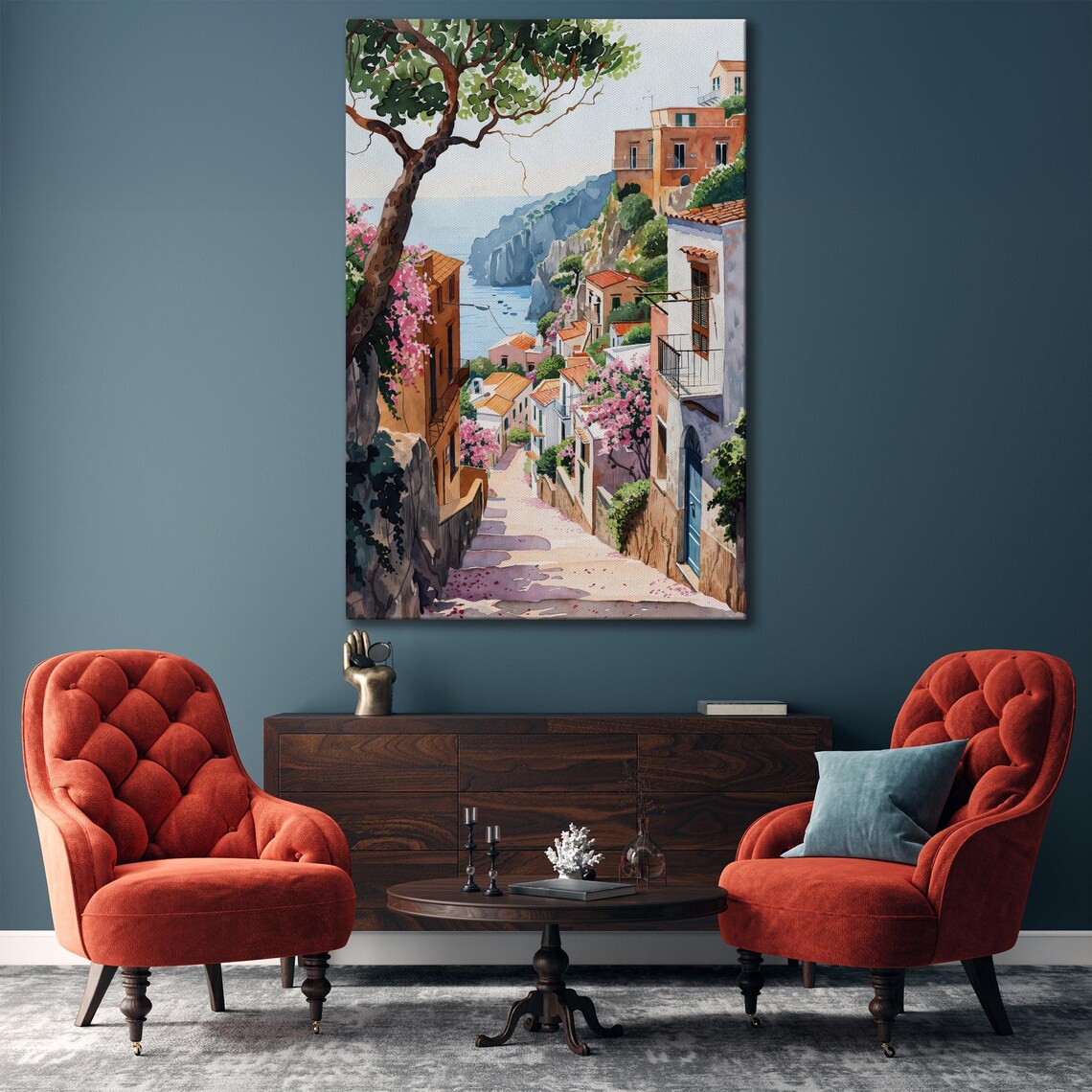 Amalfi Coast Village Street Pink Bougainvillea Watercolor Poster - Image 5
