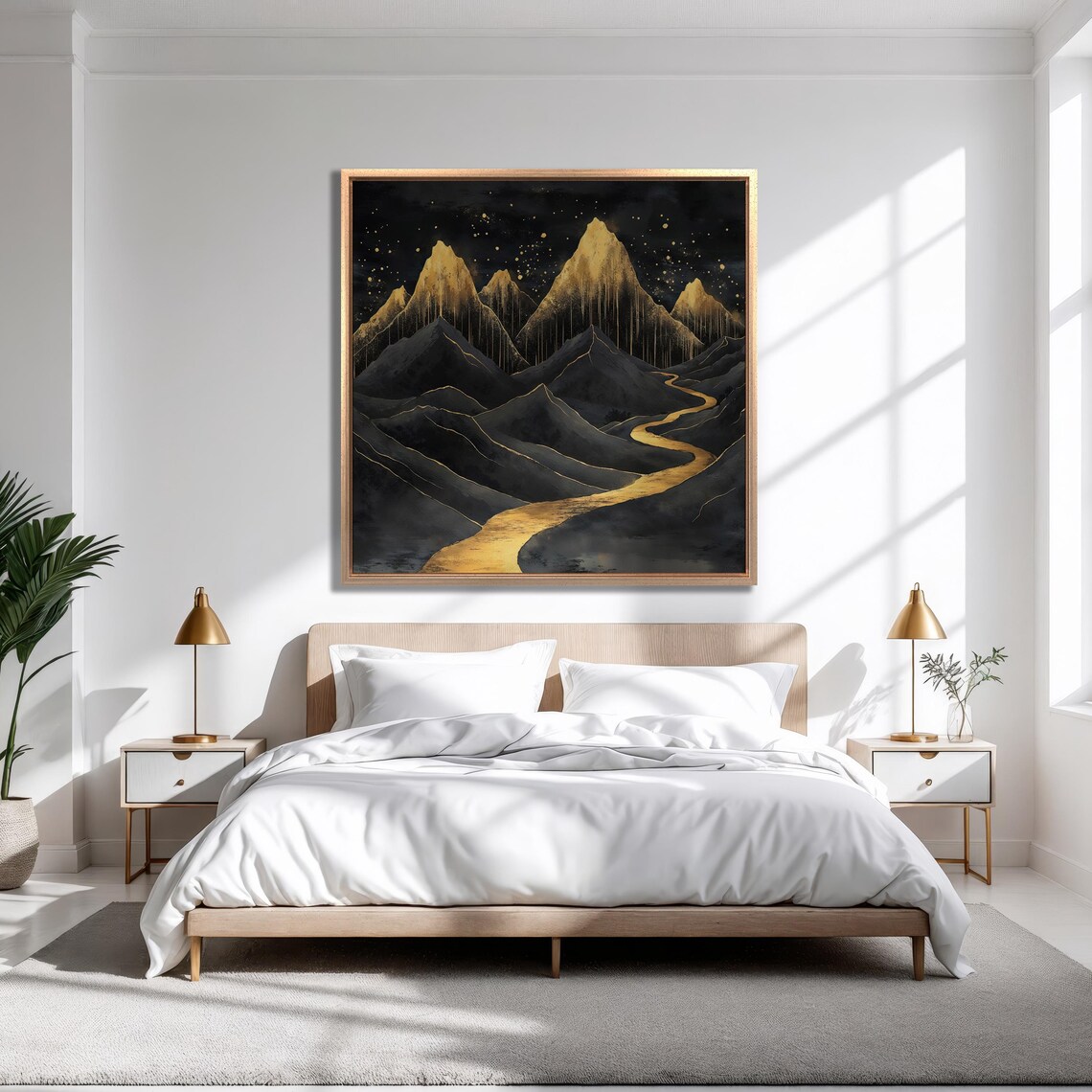 Black And Gold Mountain Peaks With Golden River Night Poster - Image 4