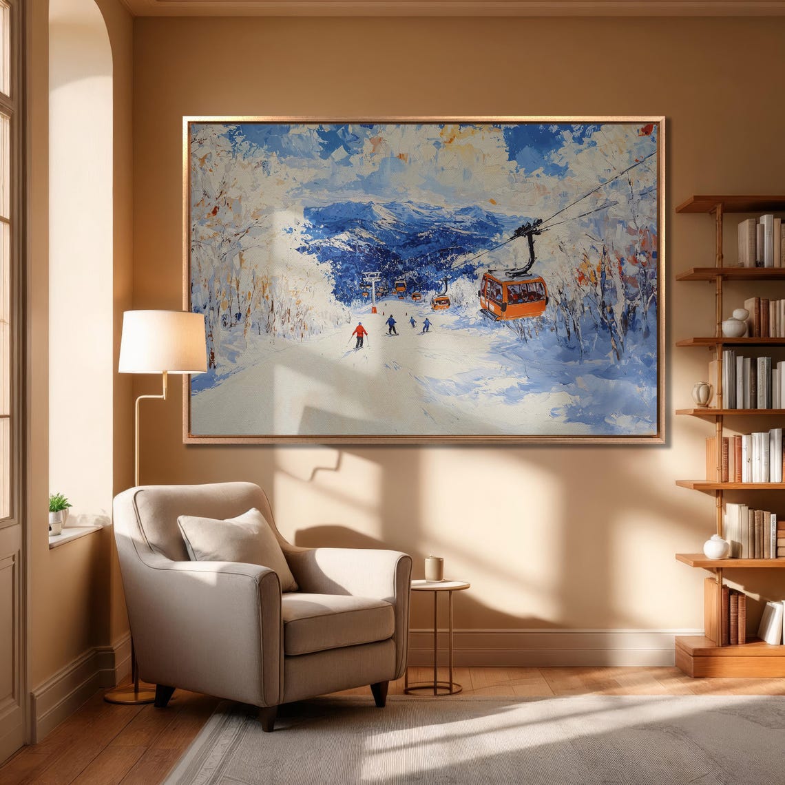 Orange Gondolas Over Ski Slope with Blue Mountains Impasto Poster - Image 6
