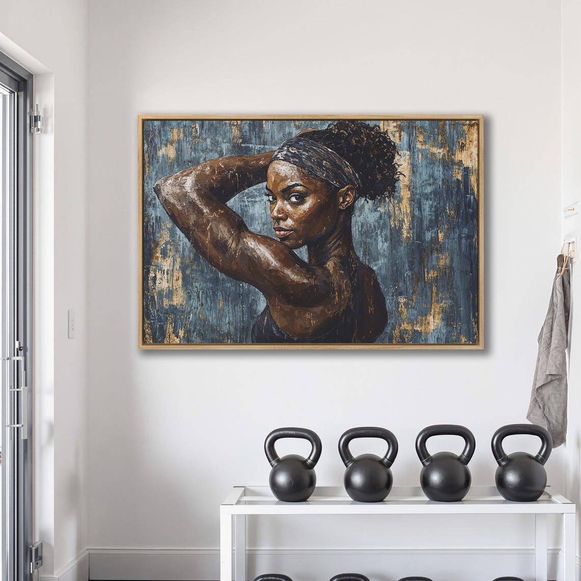 Black Athletic Woman Posing With Arm Raised On Deep Blue Poster - Image 2