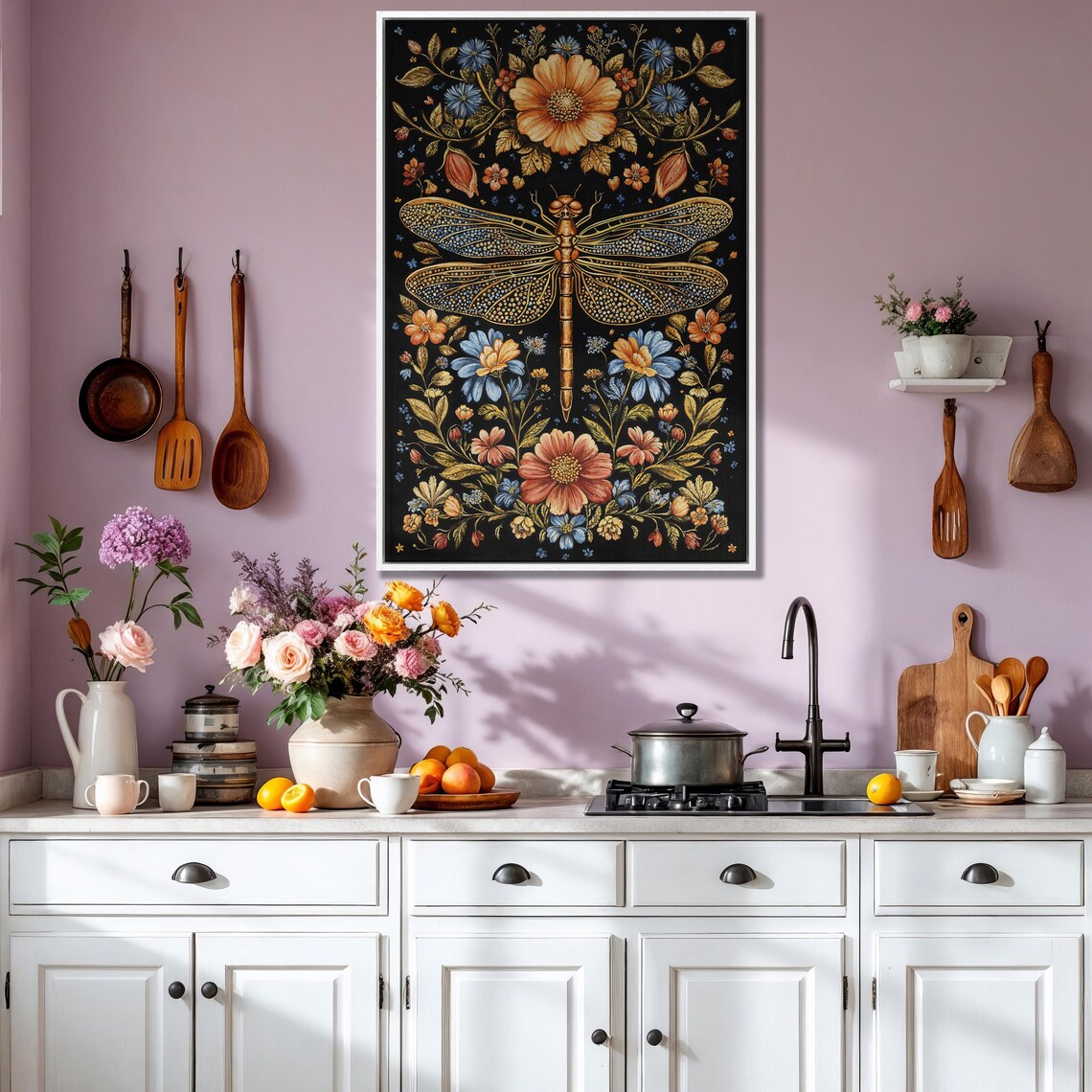 Golden Ornate Dragonfly With Symmetrical Floral Botanical Poster - Image 3