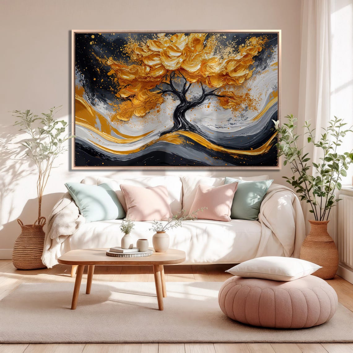 Impasto Golden Tree on Black White Swirl Dramatic Luxury Art Poster - Image 3