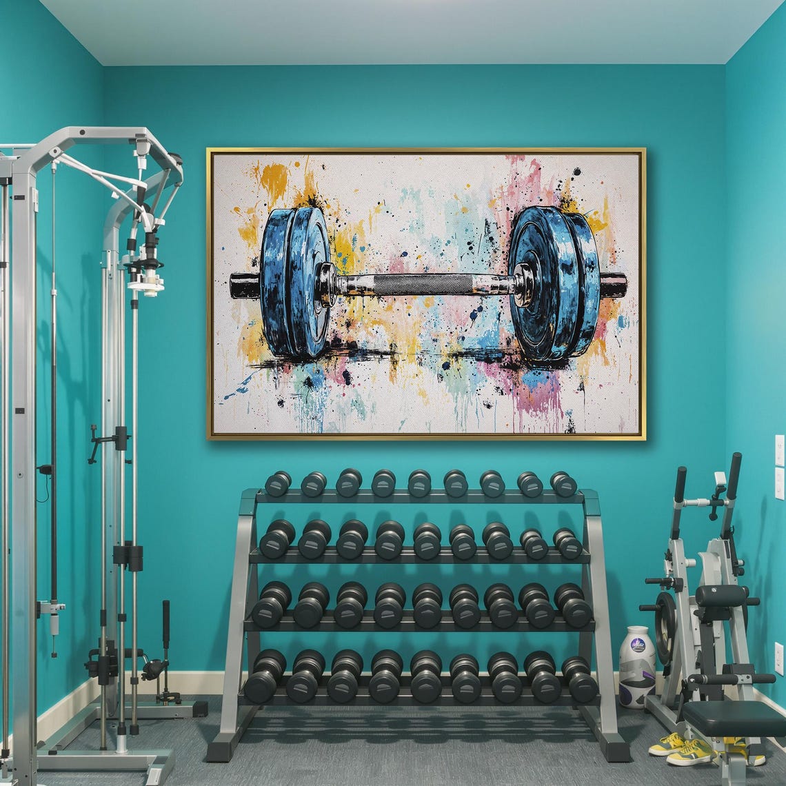 Watercolor Barbell With Blue Plates Paint Splatter Gym Poster - Image 3