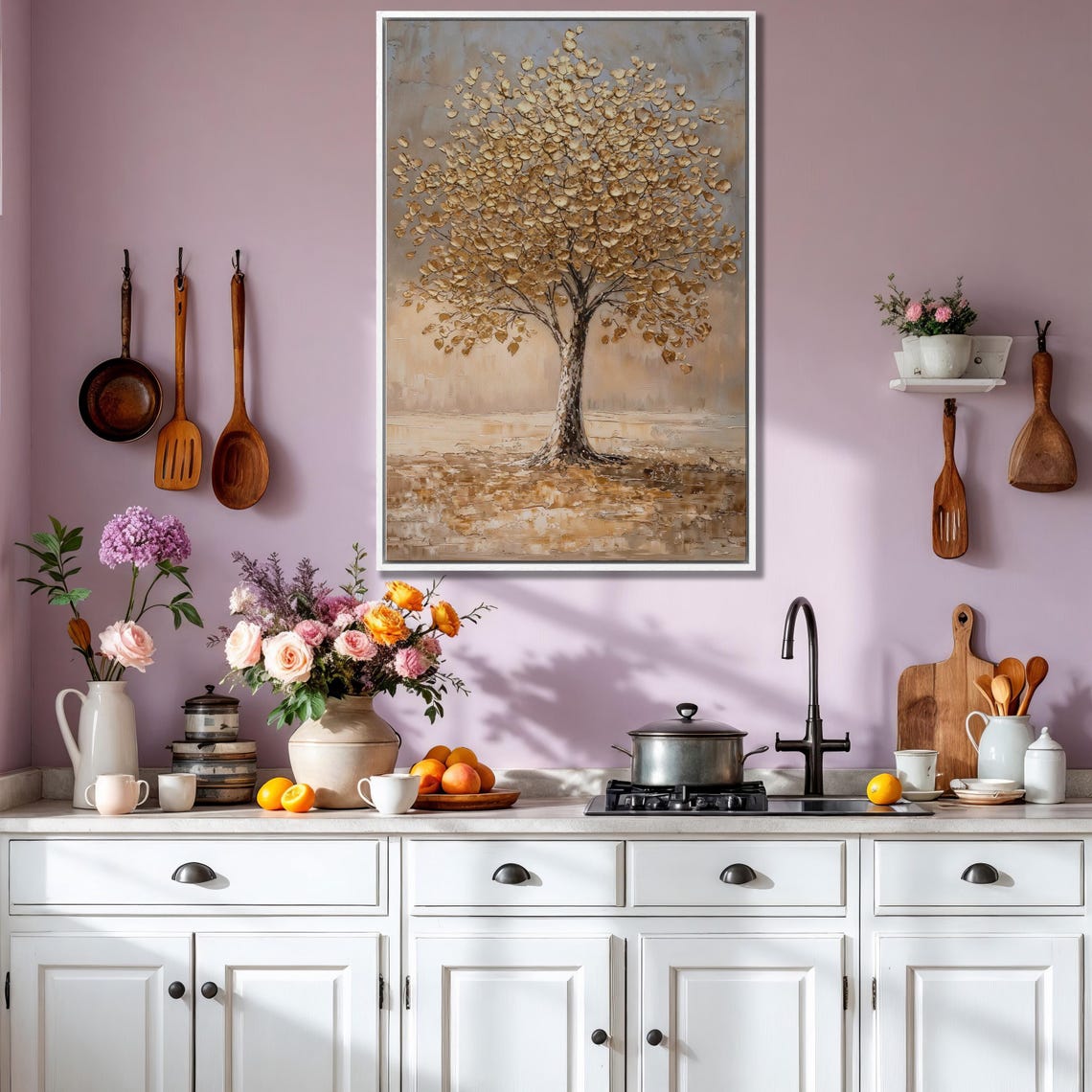 Solitary Golden Tree On Beige Gray Background Impasto Oil Poster - Image 5