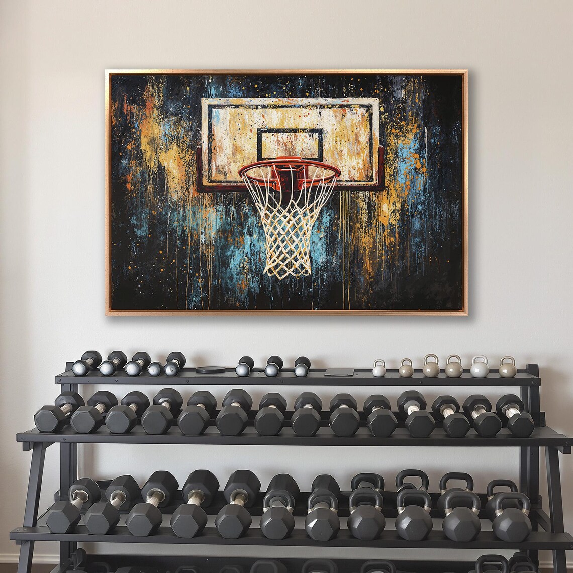 Red Rimmed Basketball Hoop On Orange And Blue Grunge Art Poster - Image 4