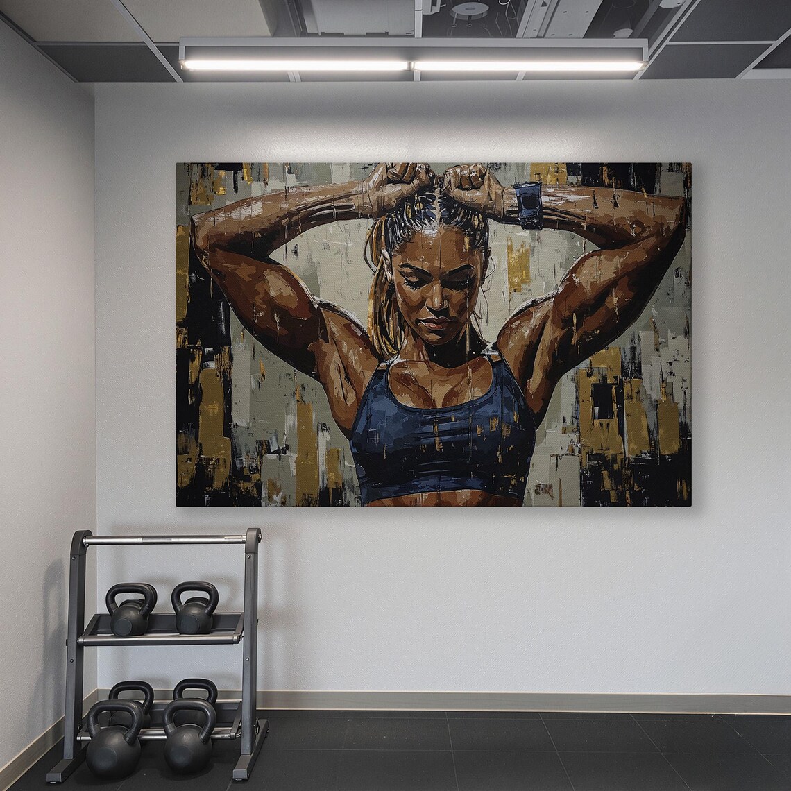 Strong Woman Tying Hair Up Fitness Portrait in Blue and Gold Poster - Image 6
