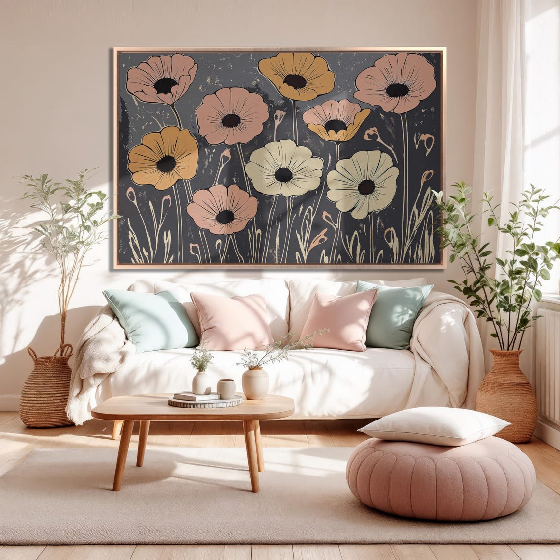 Modern Retro Poppy Blooms In Coral Gold On Black Floral Poster - Image 5