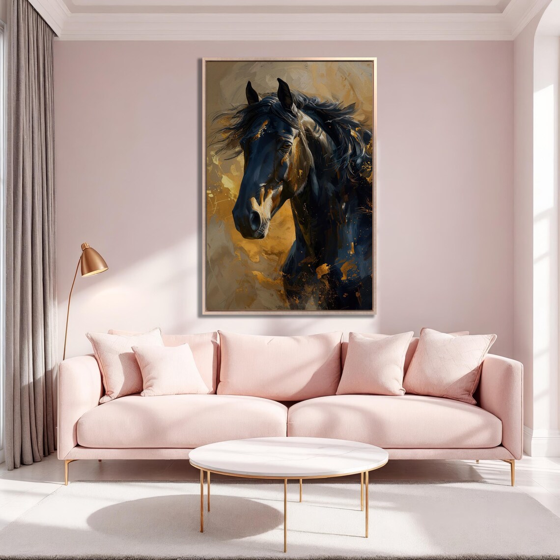 Black Horse Portrait Golden Abstract Background Equestrian Wall Art - Image 2