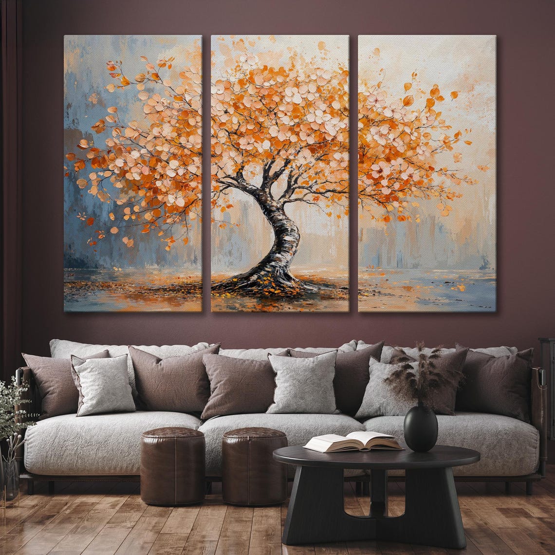Orange Autumn Tree with Twisted Trunk Blue Nature Elegant Art Poster - Image 6
