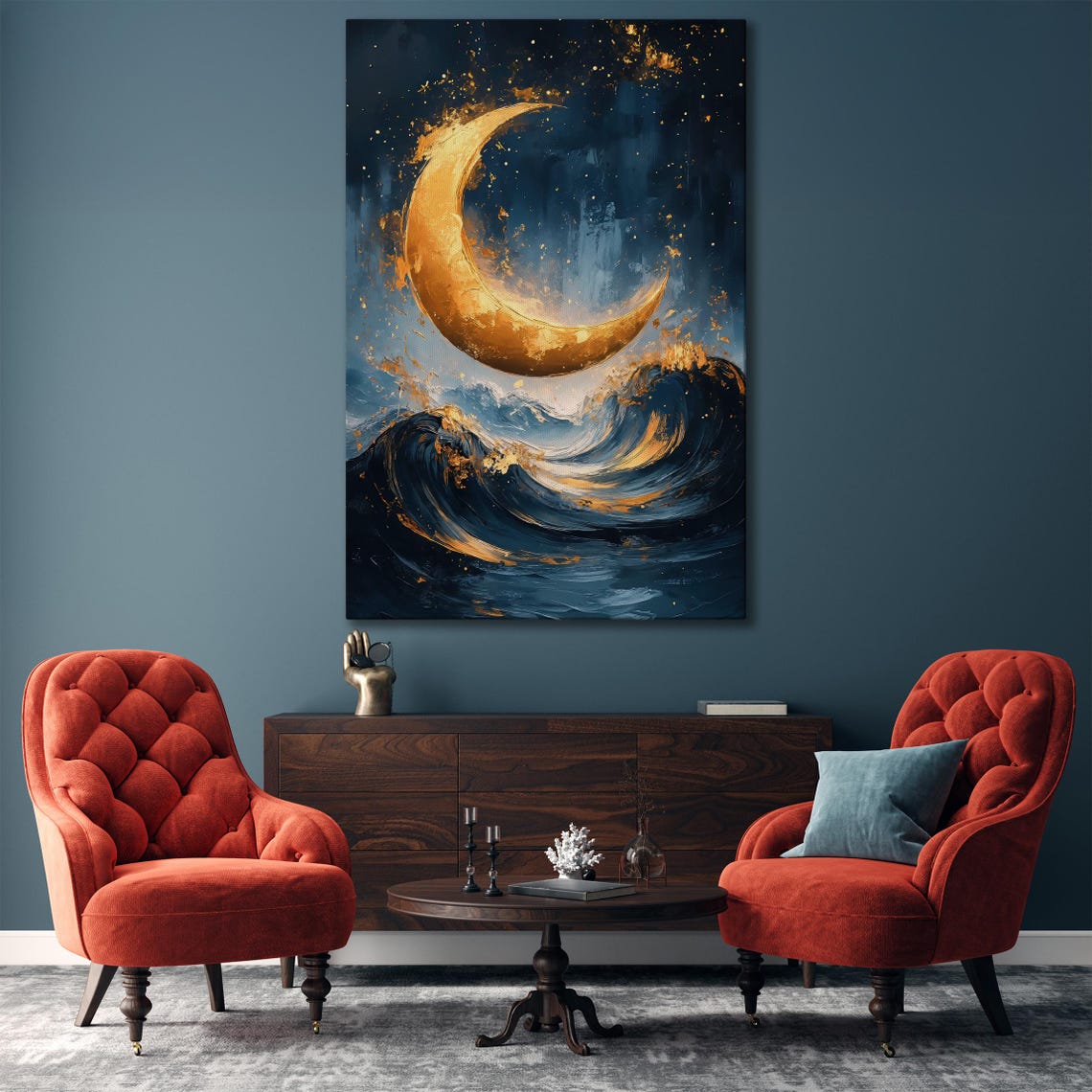 Golden Crescent Moon Glowing Over Midnight Blue Ocean Waves Poster - Image 5