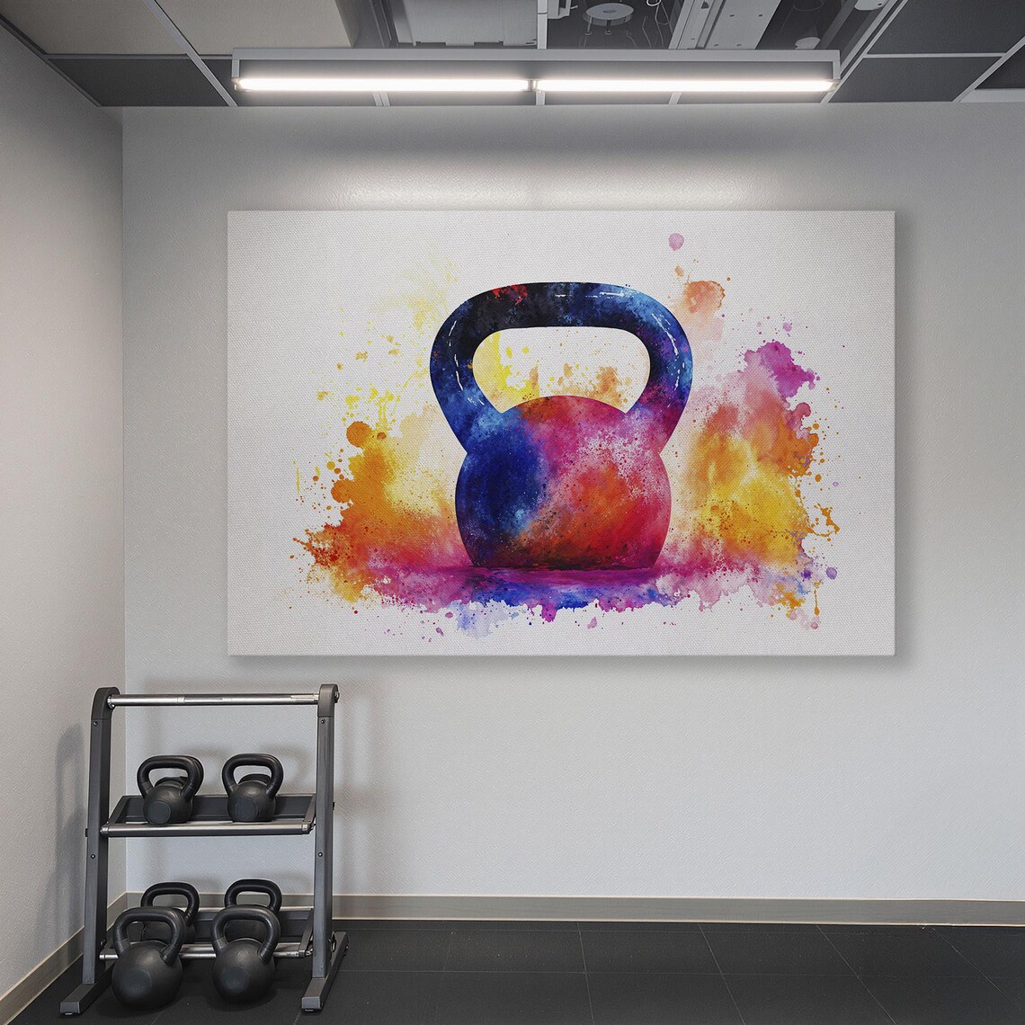 Watercolor Kettlebell In Pink Orange And Purple Splash Poster - Image 6
