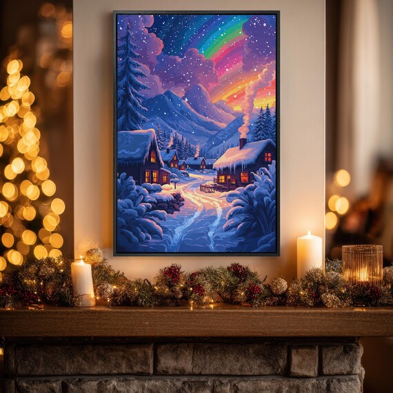Winter Village Northern Lights Colorful Sky Snowy Night Poster