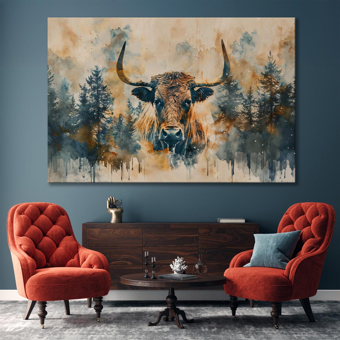 Watercolor Highland Cow Emerging From Pine Forest Wilderness Poster - Image 4