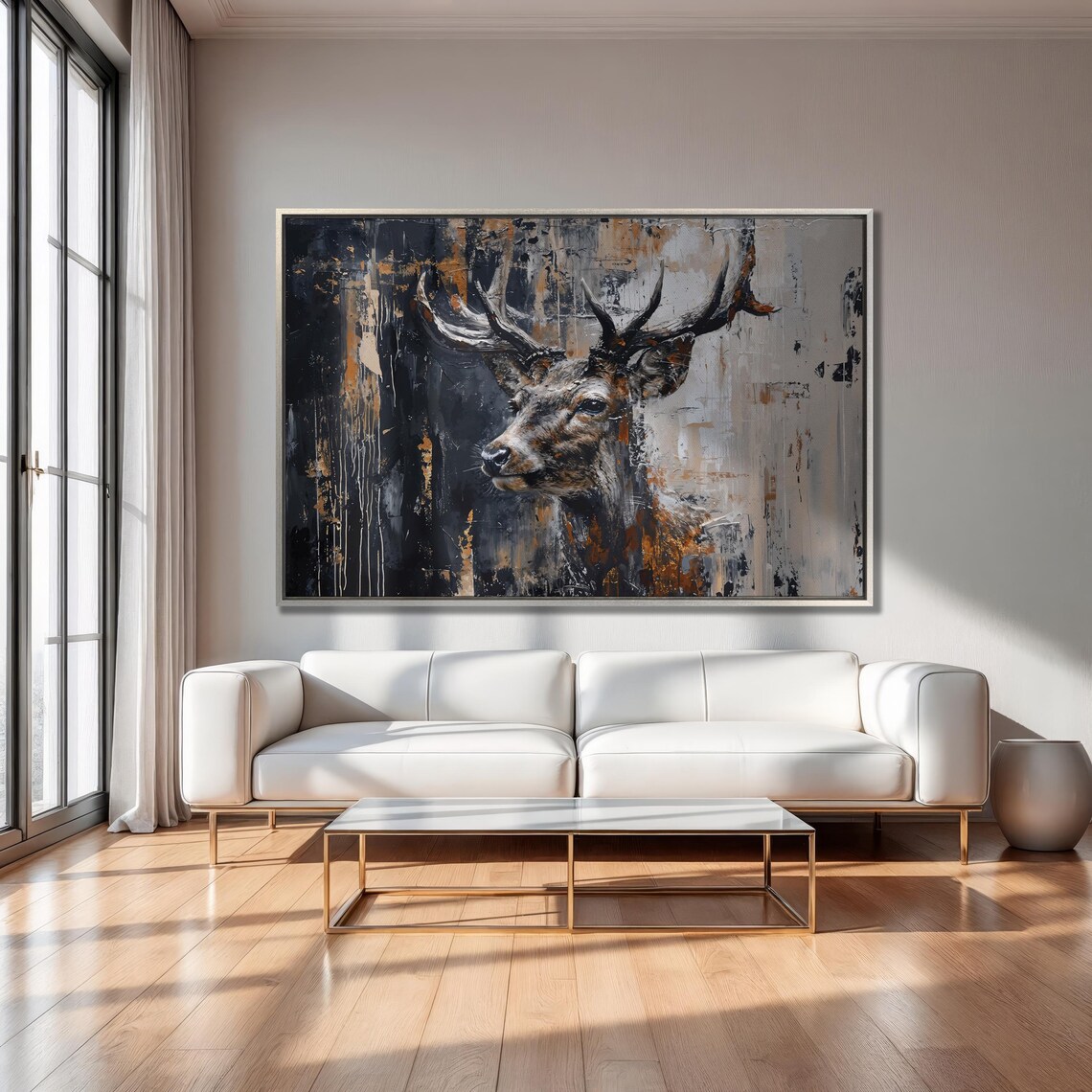 Abstract Stag Deer Head In Black Beige And Gold Splashes Poster - Image 4