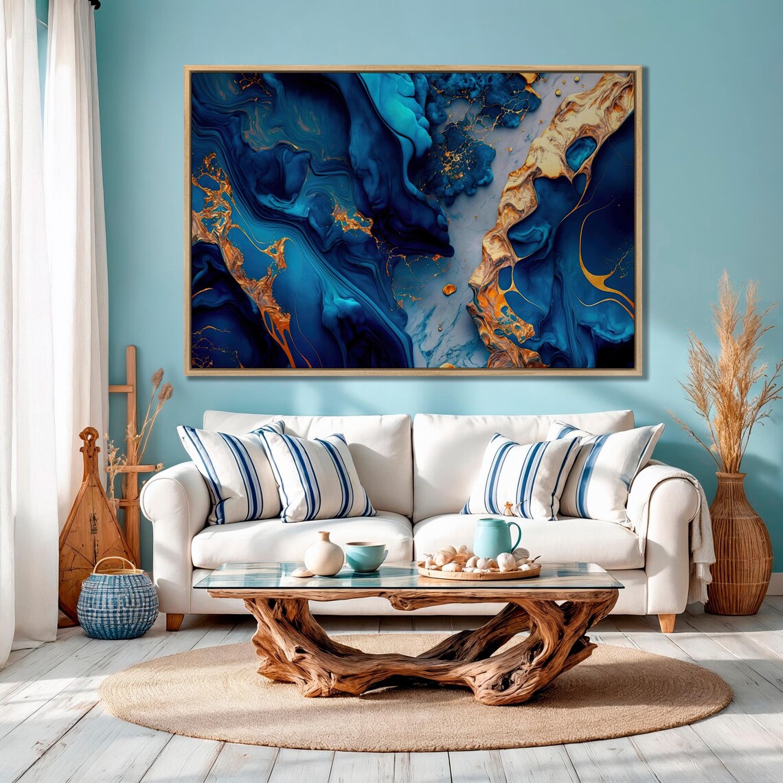 Blue and Gold Textured Marble Abstract Art Print - Image 2