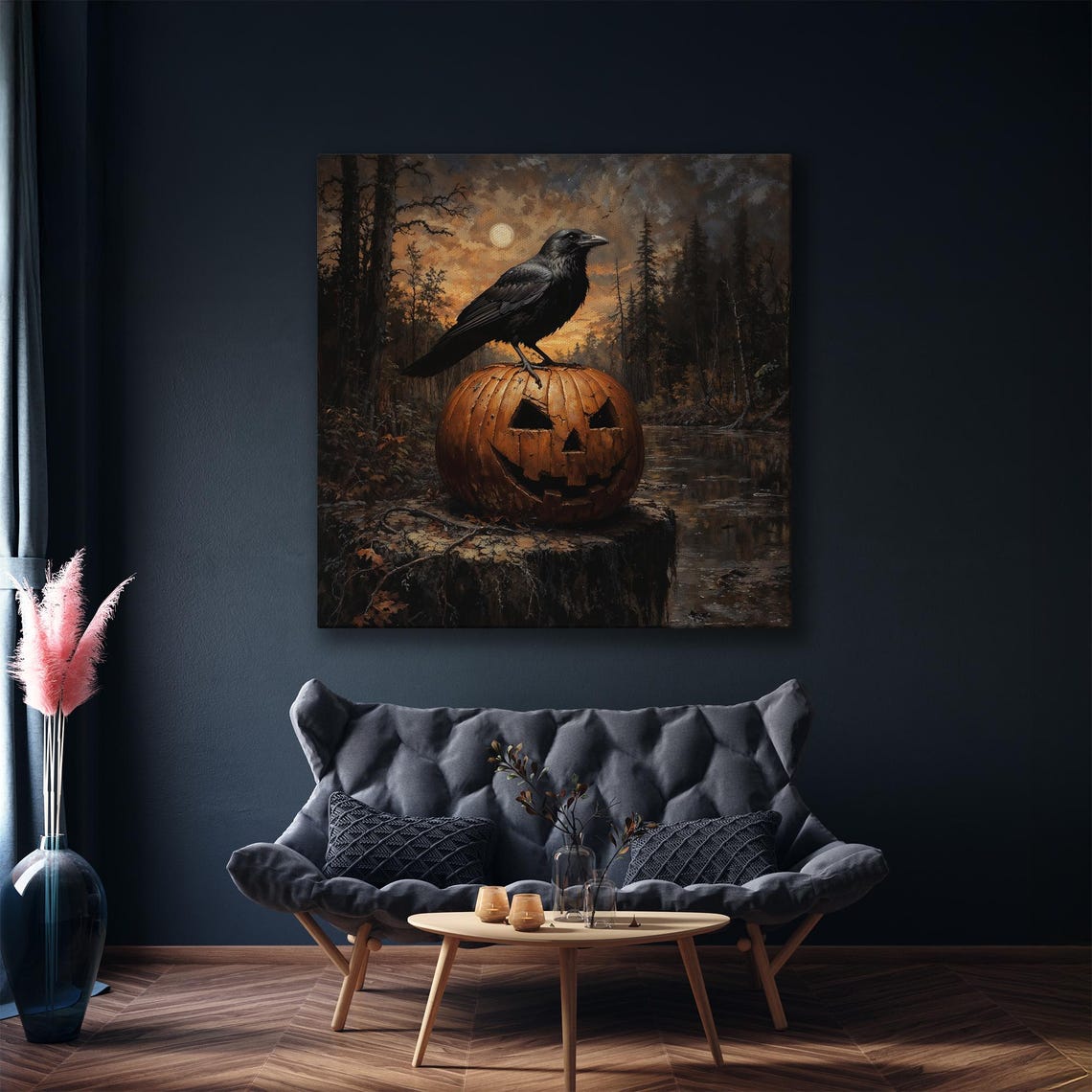 Halloween Crow Perched On Jack O Lantern Moonlit River Poster - Image 5