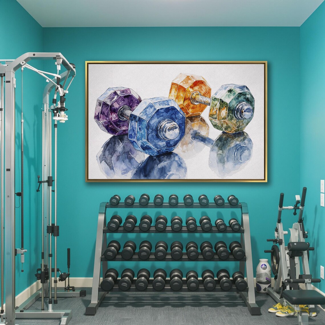 Colorful Watercolor Dumbbells With Soft Reflections Gym Poster - Image 3