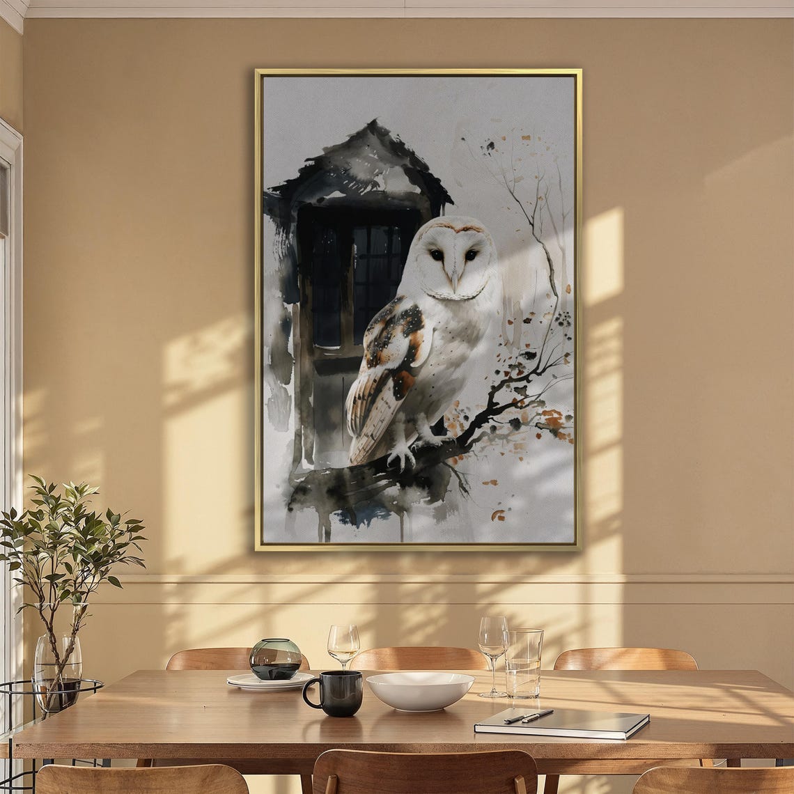 Barn Owl Watercolor Perched By Rustic Window Branch Art Poster - Image 6