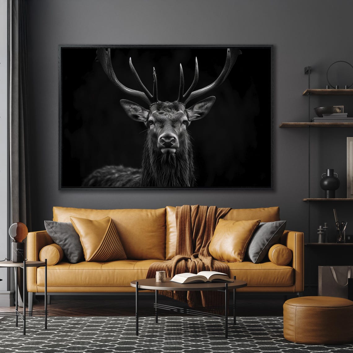 Black And White Stag Portrait Majestic Antlers Dark Wall Art - Image 4