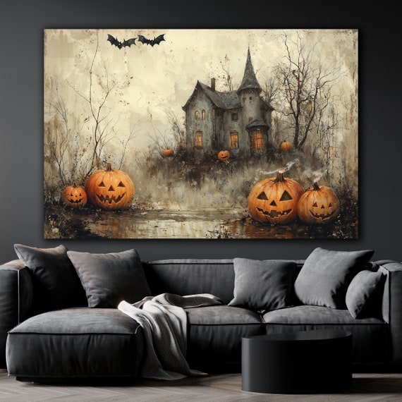 Halloween Haunted Mansion Canvas Wall Art Eerie Jack O Lantern Decor Gothic Architecture Painting Print Pumpkin Poster Gift Ready To Hang
