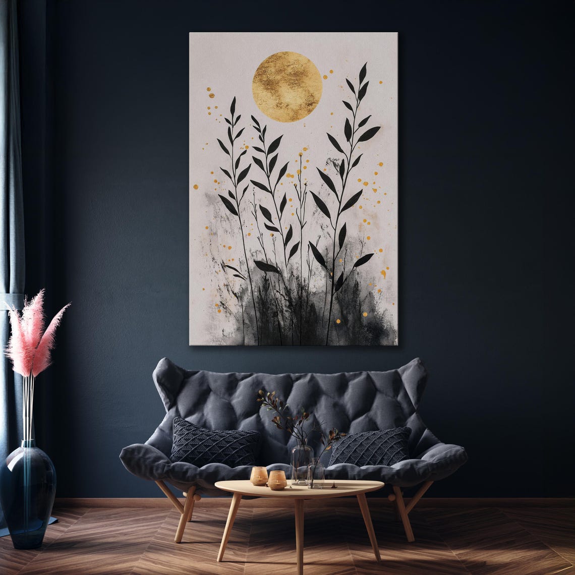 Minimalist Gold Moon With Tall Black Leafy Branches Art Print - Image 4