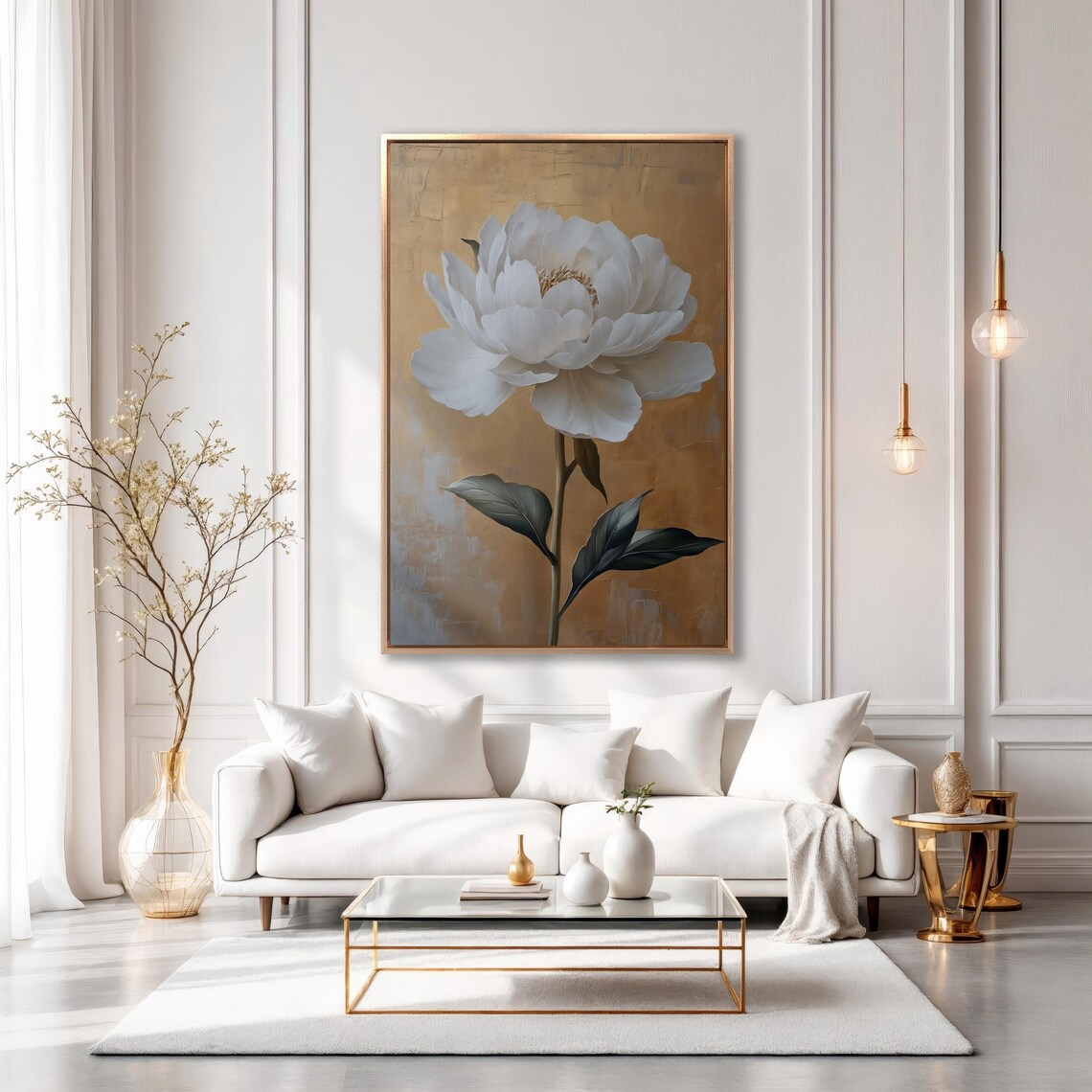 Elegant White Peony Flower On Bronze And Gold Background Art Poster - Image 6
