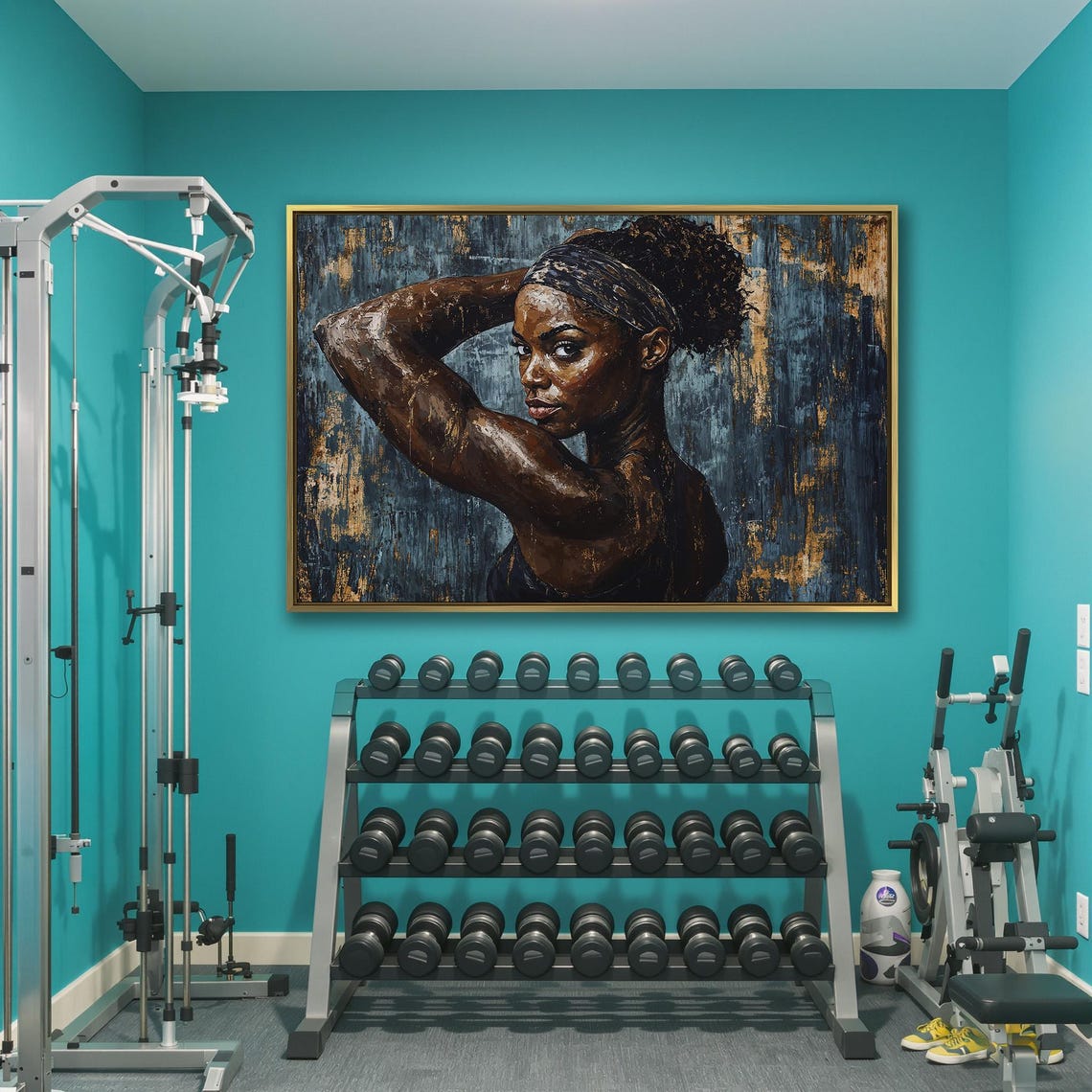 Black Athletic Woman Posing With Arm Raised On Deep Blue Poster - Image 3