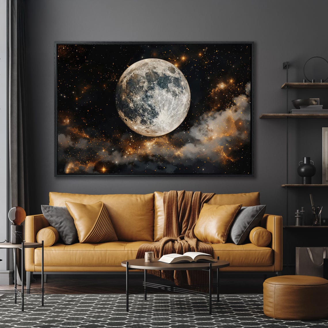 Detailed Full Moon Glowing In Starry Cosmic Night Sky Art Poster - Image 5